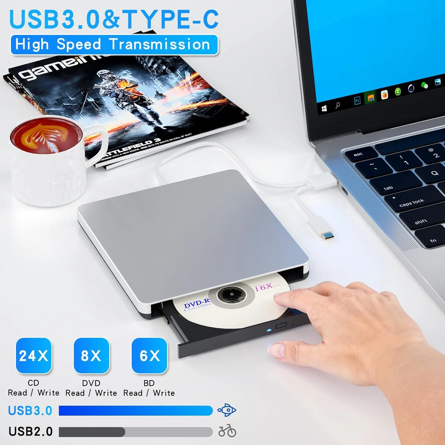 درایو بلوری اکسترنال، خواندن/نوشتن سازگار با بلوری رایتر، سازگار با USB 3.0/Type-C/Win7-11، سازگار با خواندن BD/DVD/CD، همراه با دفترچه راهنمای انگلیسی (نقره ای)