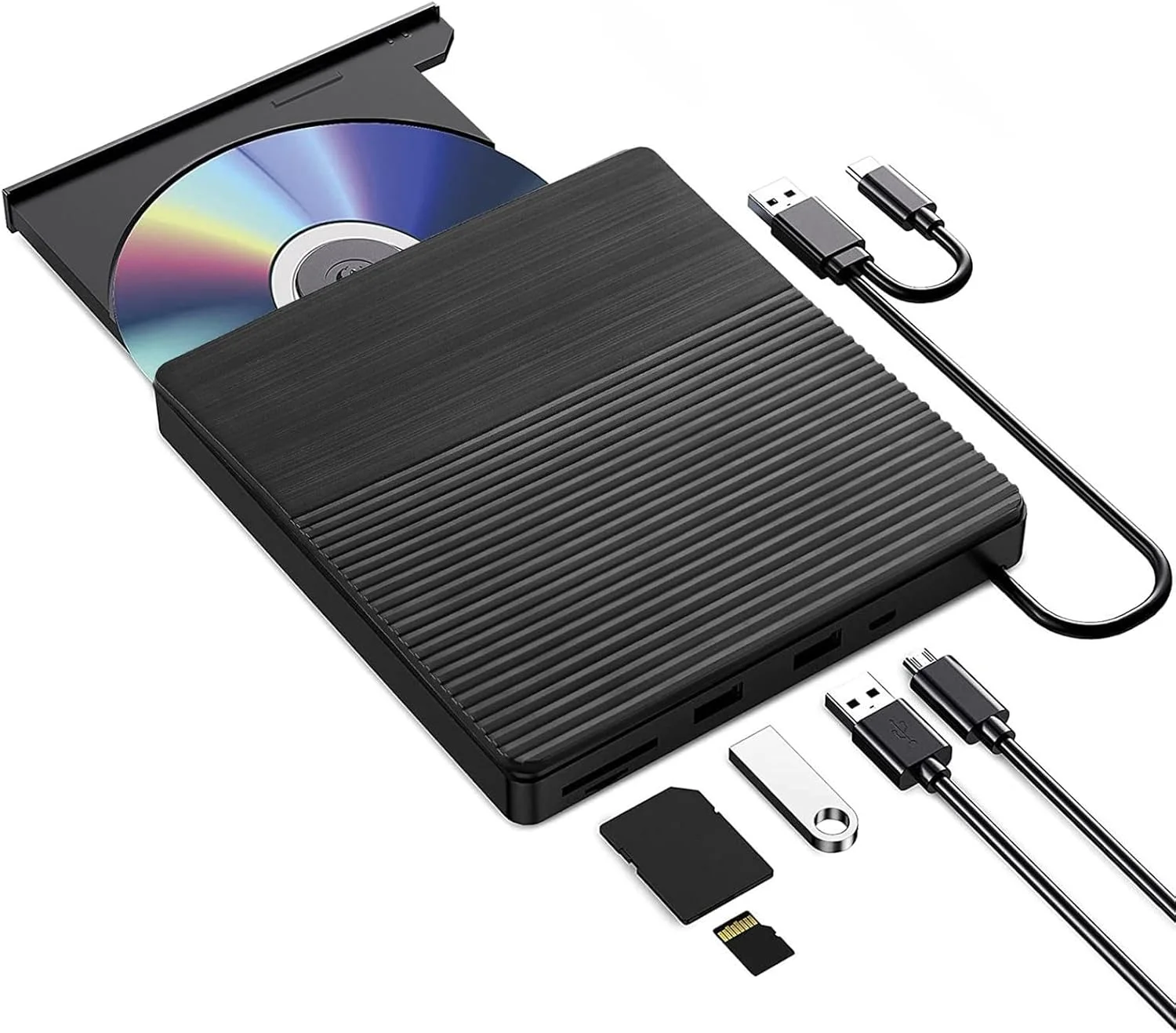 درایو نوری اکسترنال CD/DVD با پورت USB-C و USB 3.0، دارای پورت های USB/SD/TF و خروجی صدا - درایو دیسک نوری جمع و جور برای ویندوز 11/10، کامپیوتر، مک، مک بوک پرو/ایر، مشکی درایو نوری اکسترنال CD/DVD با پورت USB-C و USB 3.0، دارای پورت های USB/SD/TF و خروجی صدا - درایو دیسک نوری جمع و جور برای ویندوز 11/10، کامپیوتر، مک، مک بوک پرو/ایر، مشکی