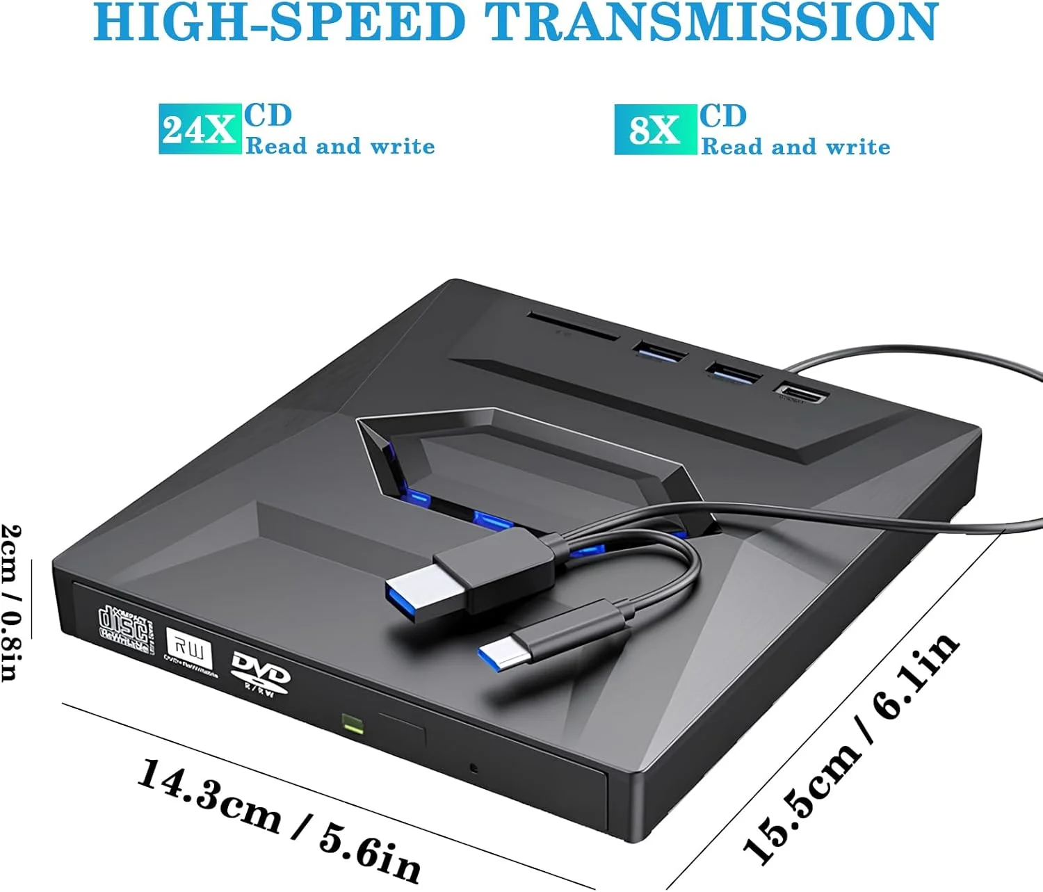 درایو نوری اکسترنال CD DVD با پورت USB 3.0 Type C، درایو DVD با قابلیت رایت، درایو اکسترنال برای لپ تاپ، کامپیوتر شخصی و رومیزی، سازگار با سیستم عامل های ویندوز XP/Vista/7/8/10/11/لینوکس/مک