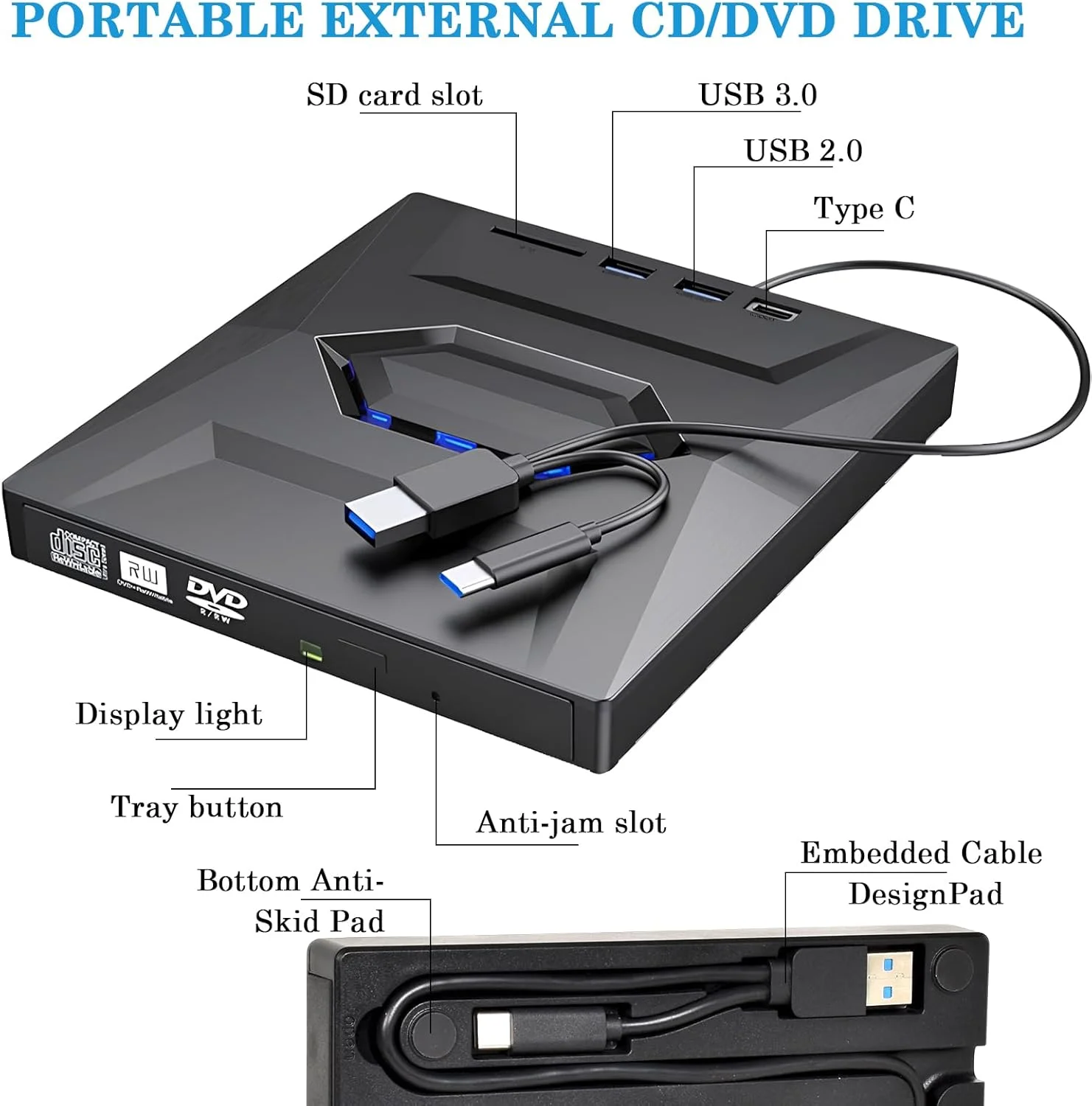 درایو نوری اکسترنال CD DVD با پورت USB 3.0 Type C، درایو DVD با قابلیت رایت، درایو اکسترنال برای لپ تاپ، کامپیوتر شخصی و رومیزی، سازگار با سیستم عامل های ویندوز XP/Vista/7/8/10/11/لینوکس/مک