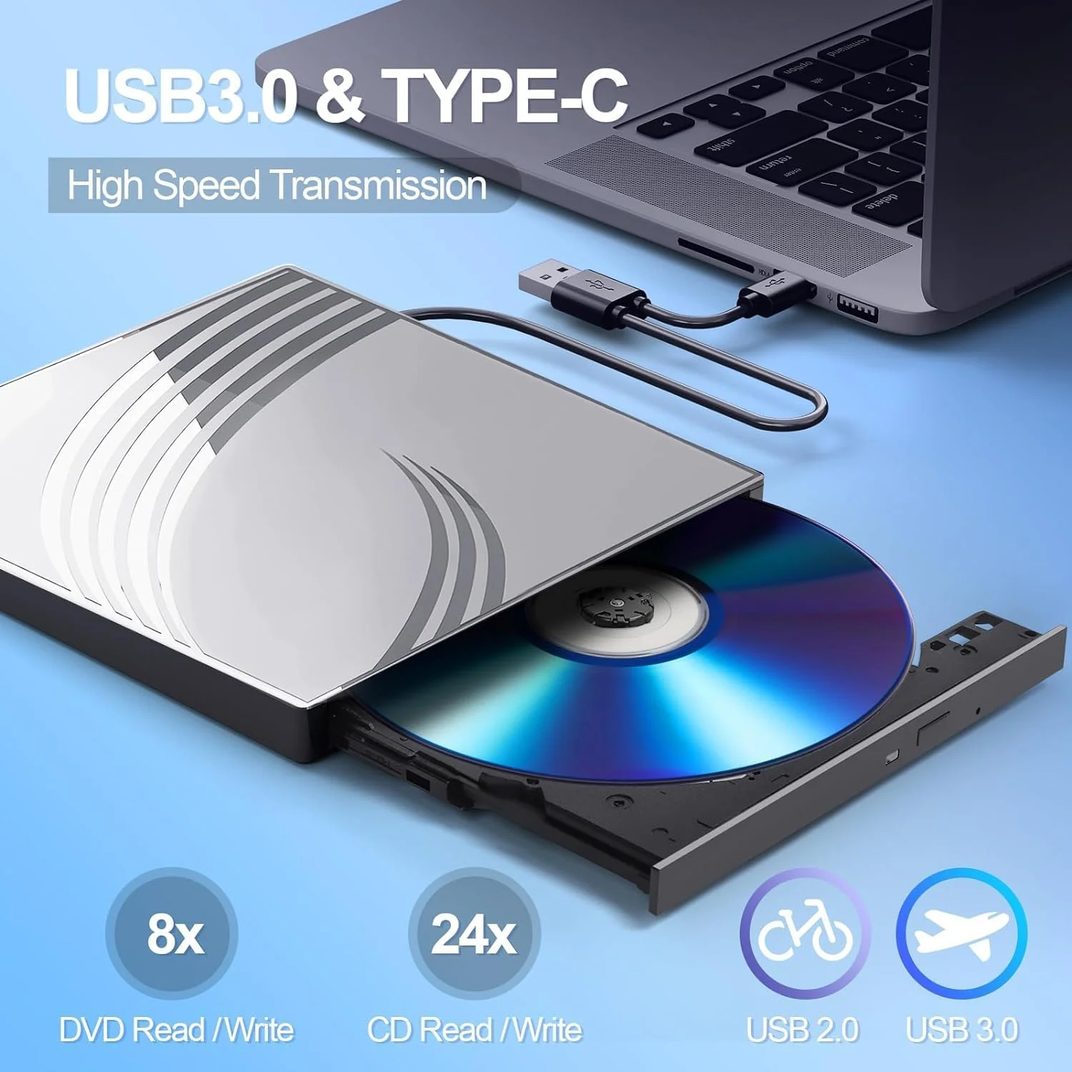 درایو اکسترنال CD DVD+/-RW، USB 3.0 فوق العاده باریک با 4 پورت USB، 2 اسلات کارت TF/SD، 1 پورت Type-C، پخش کننده DVD برای لپ تاپ سازگار با سیستم عامل مک/ویندوز/لینوکس