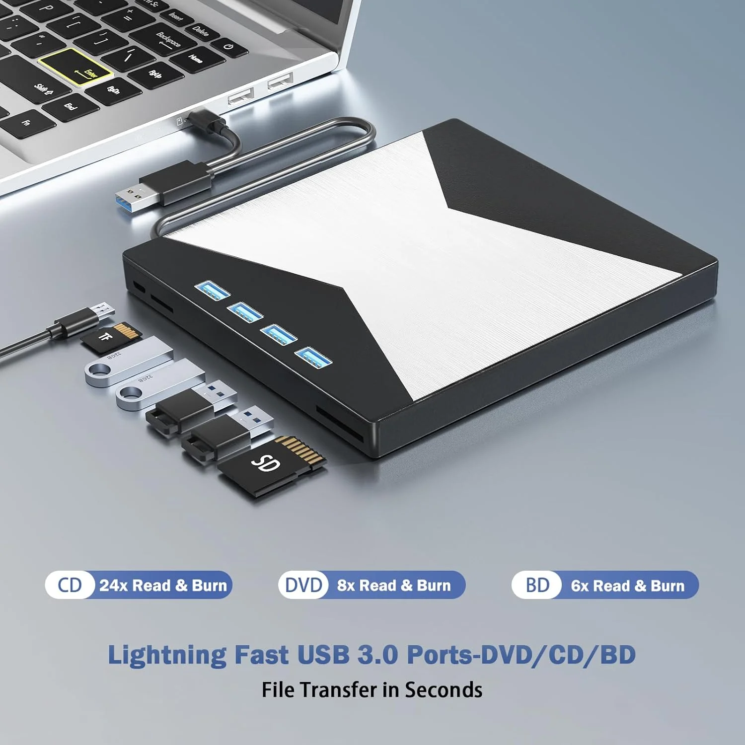 درایو بلوری اکسترنال، پخش کننده بلوری قابل حمل 4K USB 3.0 Type-C UHD BD با پورت SD/TF، درایو بلوری CD/DVD R/W 3D، درایو بلوری اکسترنال 4k سازگار با لپ تاپ های ویندوز و مک