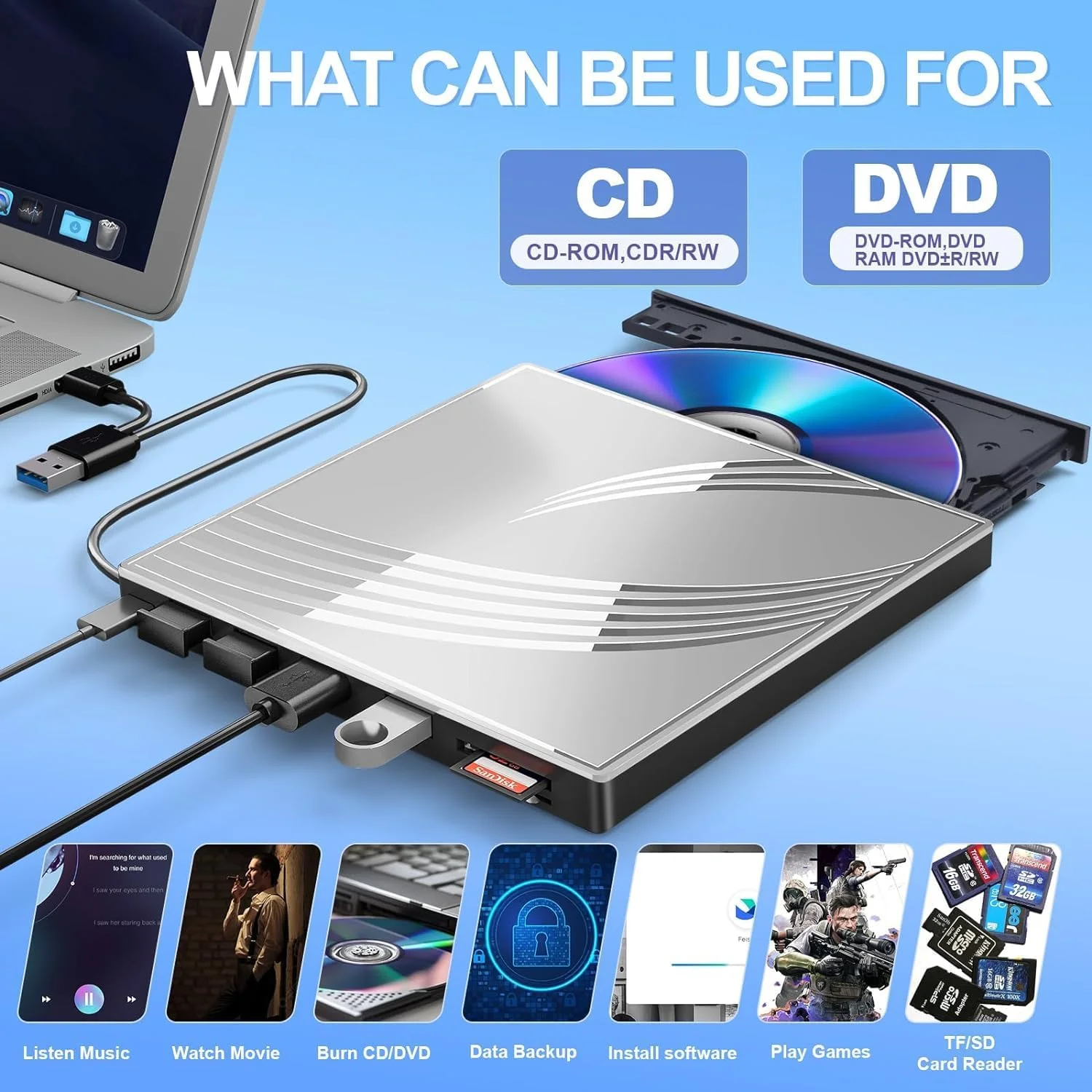 درایو اکسترنال CD DVD+/-RW، USB 3.0 فوق العاده باریک با 4 پورت USB، 2 اسلات کارت TF/SD، 1 پورت Type-C، پخش کننده DVD برای لپ تاپ سازگار با سیستم عامل مک/ویندوز/لینوکس