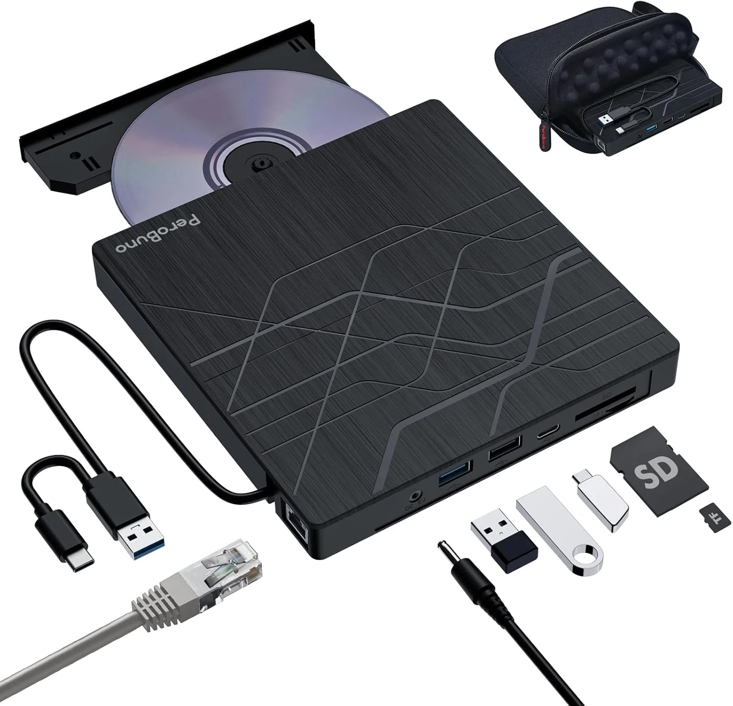 درایو نوری اکسترنال CD DVD، دی وی دی رایتر USB 3.0 با آداپتور اترنت، 3 پورت USB و 2 پورت کارت TF/SD، سی دی دی وی دی خوان، رایتر دیسک نوری برای لپ تاپ