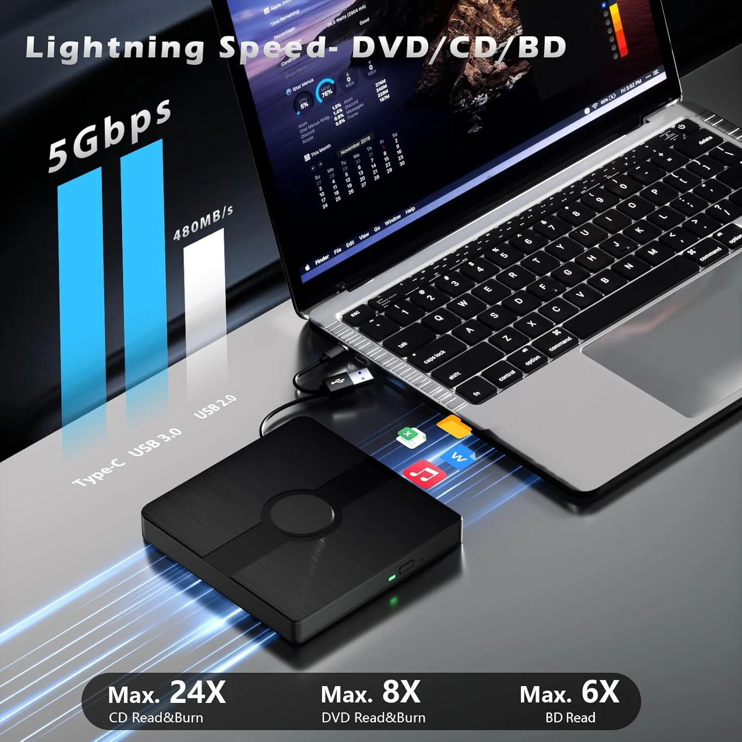 درایو بلوری اکسترنال - پخش کننده بلوری DVD/CD قابل حمل USB 3.0 و Type-C - درایو بلوری پرسرعت برای ویندوز، مک بوک، لپ تاپ، دسکتاپ - پشتیبانی از دیسک های سه بعدی و چند فرمتی