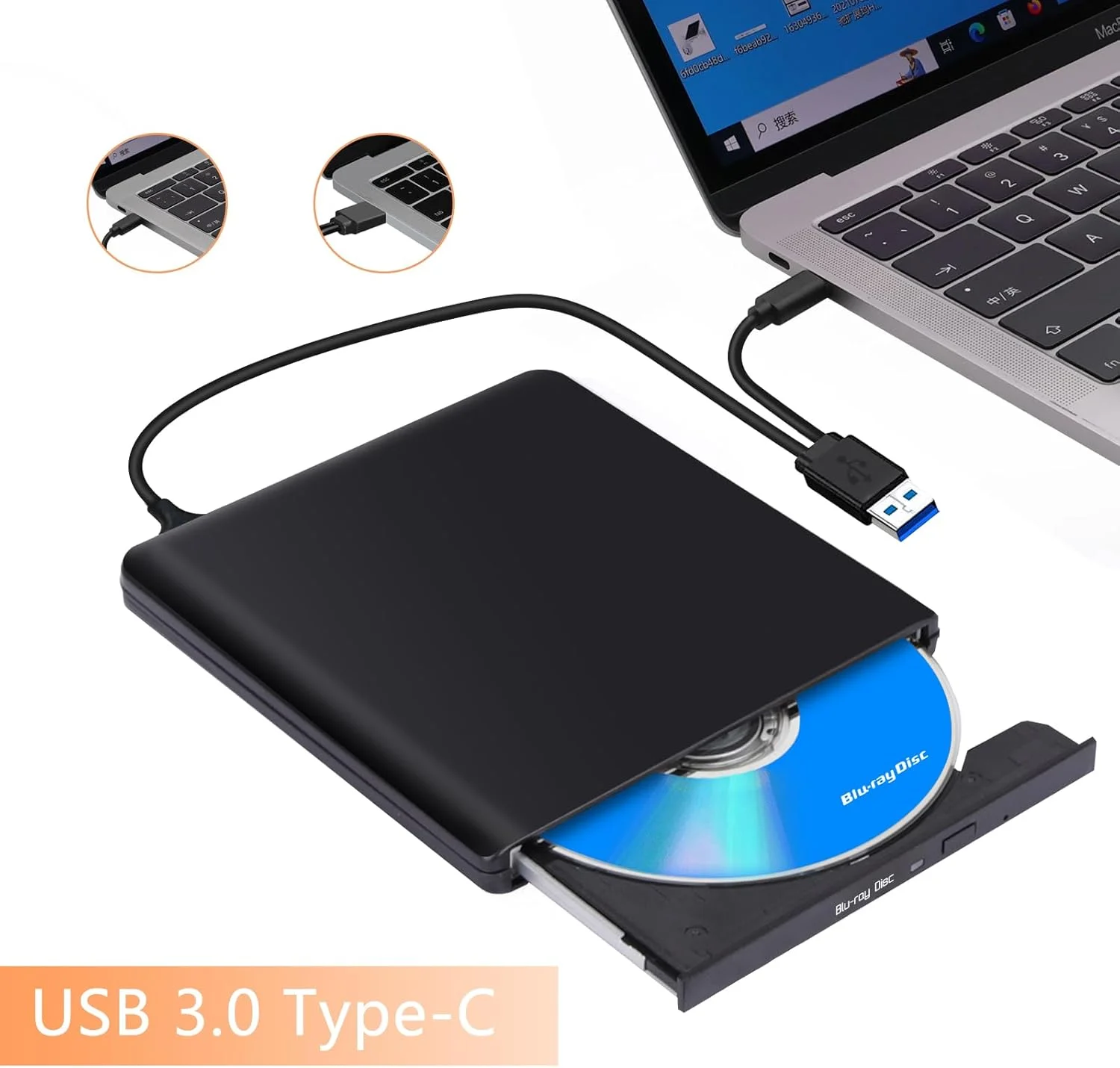 درایو بلوری اکسترنال برای کامپیوتر: رایتر بلوری USB 3.0 Type-C آلومینیومی با کیف حمل - درایو بلوری سه بعدی BD باریک و قابل حمل برای لپ تاپ مک و ویندوز 11/10 MacBook Pro Air