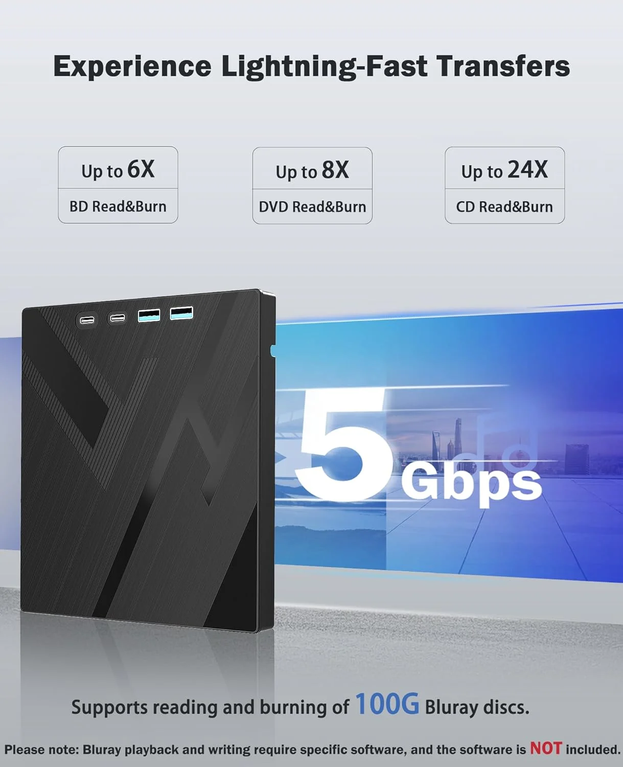 درایو بلوری اکسترنال 7 در 1، USB 3.0 Type-C اپتیکال اکسترنال بلوری/DVD رایتر با پورت SD/TF، پشتیبانی از دیسک 100G R/W برای کامپیوتر سازگار با ویندوز XP/7/8/10/11 مک لپ تاپ دسکتاپ