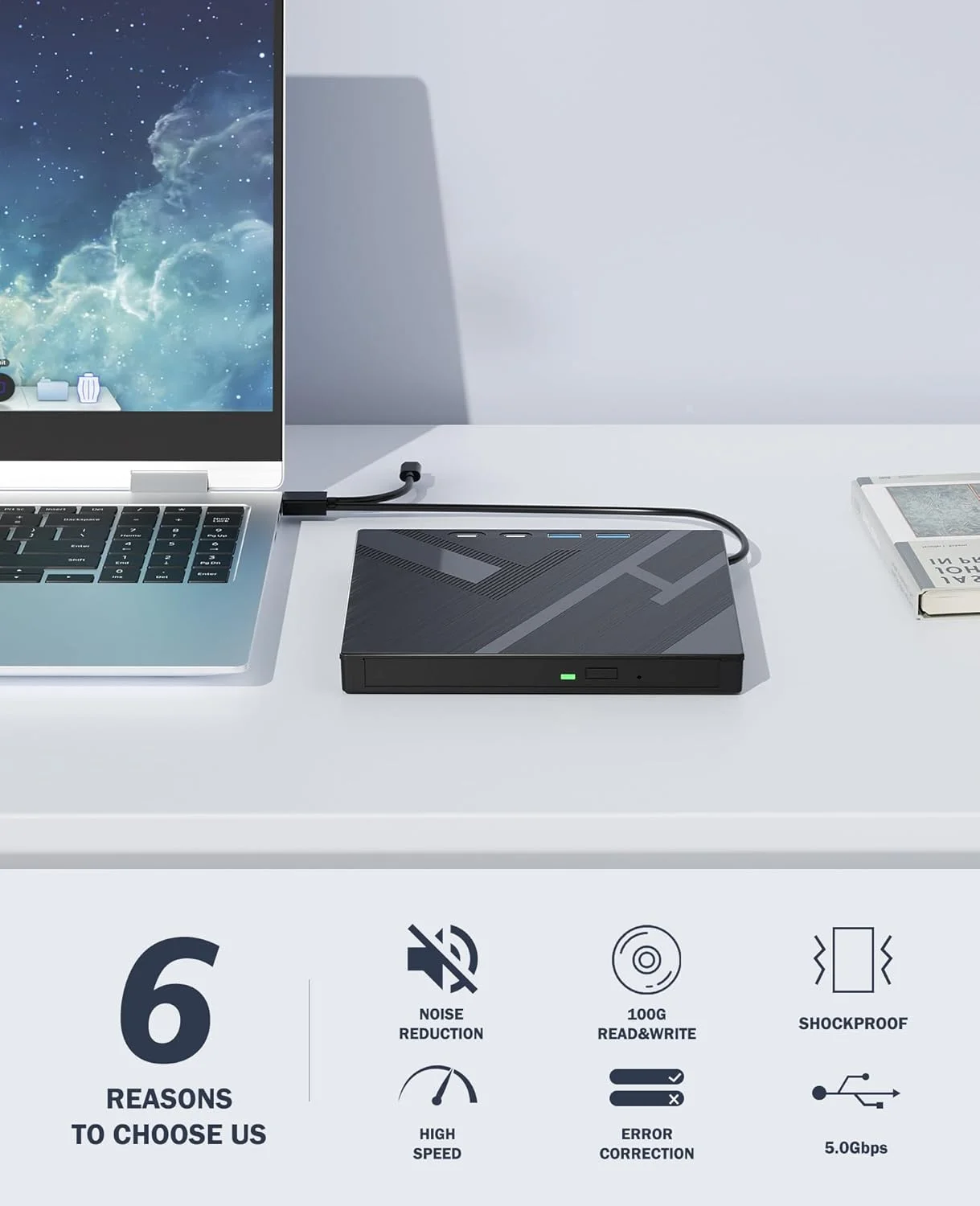 درایو بلوری اکسترنال 7 در 1، USB 3.0 Type-C اپتیکال اکسترنال بلوری/DVD رایتر با پورت SD/TF، پشتیبانی از دیسک 100G R/W برای کامپیوتر سازگار با ویندوز XP/7/8/10/11 مک لپ تاپ دسکتاپ