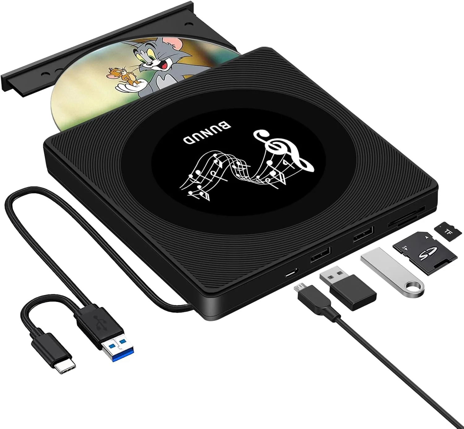 درایو DVD اکسترنال BUNUD، درایو CD اکسترنال USB 3.0، دی وی دی رایتر اکسترنال با اسلات های SD TF و 2 پورت USB، درایو CD اکسترنال باریک و قابل حمل برای لپ تاپ MacBook PC Windows 11 Mac Desktop