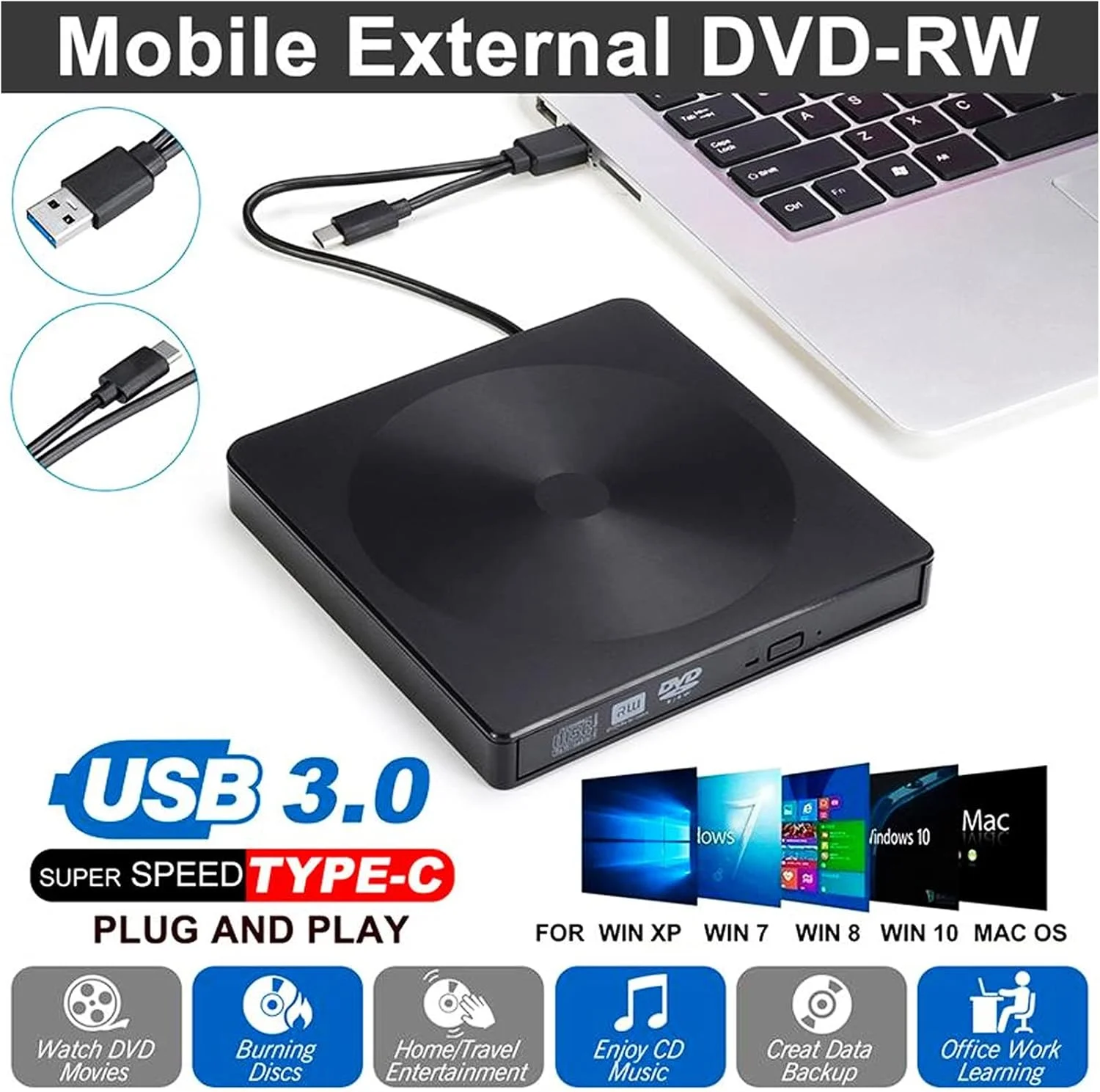 درایو نوری اکسترنال BURDEAN USB 3.0، درایو قابل حمل CD DVD +/-RW، رایتر و درایو اپتیکال سازگار با لپ تاپ، کامپیوتر رومیزی، ویندوز، مک پرو، مک بوک ایر