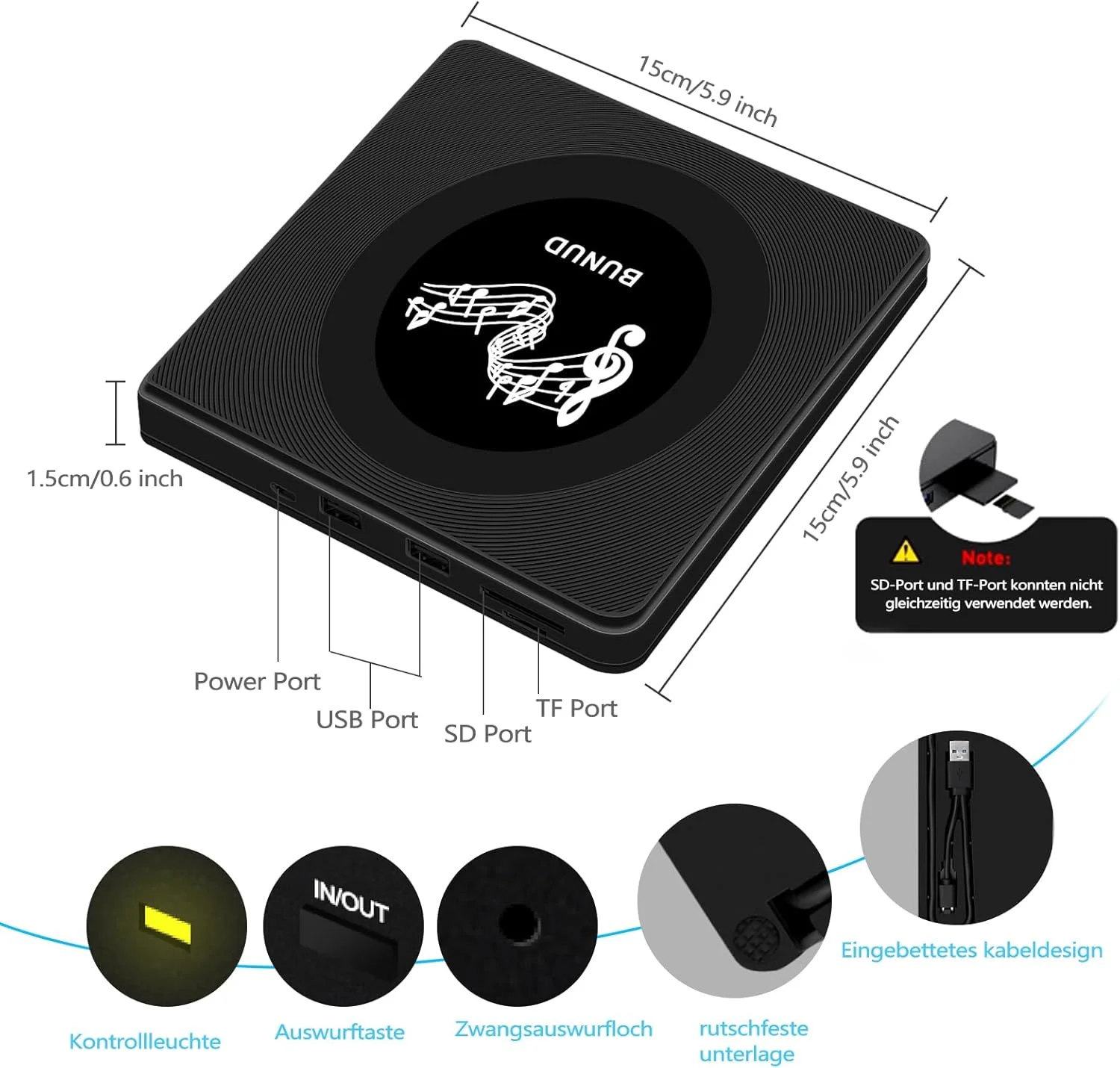 درایو DVD اکسترنال BUNUD، درایو CD اکسترنال USB 3.0، دی وی دی رایتر اکسترنال با اسلات های SD TF و 2 پورت USB، درایو CD اکسترنال باریک و قابل حمل برای لپ تاپ MacBook PC Windows 11 Mac Desktop
