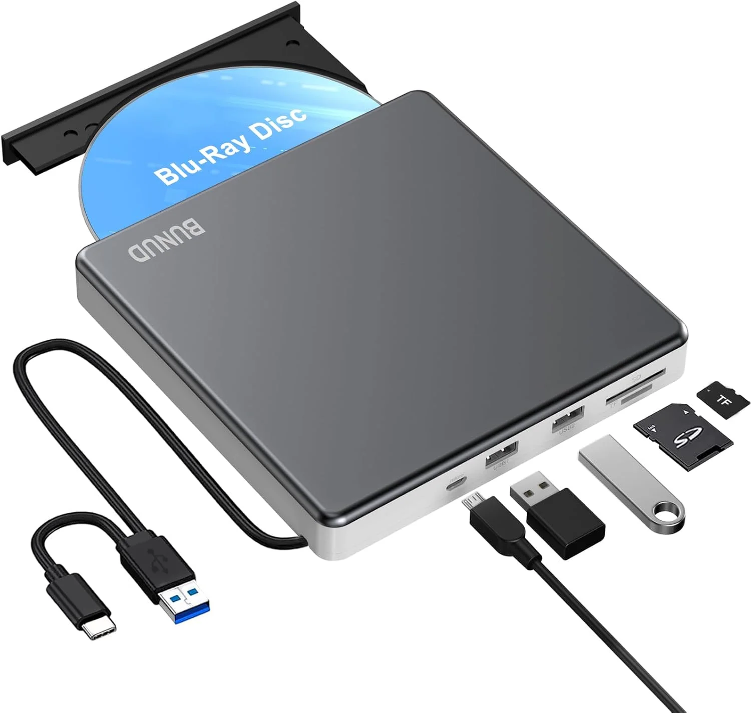 درایو نوری اکسترنال Blu Ray CD DVD با USB 3.0 Type-C، رایتر اکسترنال Blu-ray با پورت SD/TF و 2 پورت USB، درایو باریک Bluray برای لپ تاپ ویندوز 11/10 مک بوک ایر پرو اپل آی مک PC
