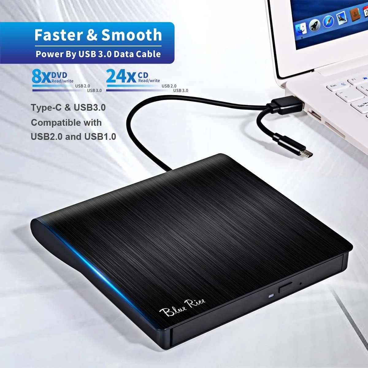 درایو اکسترنال DVD/CD +/- RW برای لپ تاپ، کامپیوتر، مک بوک، PC، لینوکس، مک OS، ویندوز 7/8/10/XP/Vista، USB 3.0 قابل حمل CD DVD ROM رایتر و رکوردر