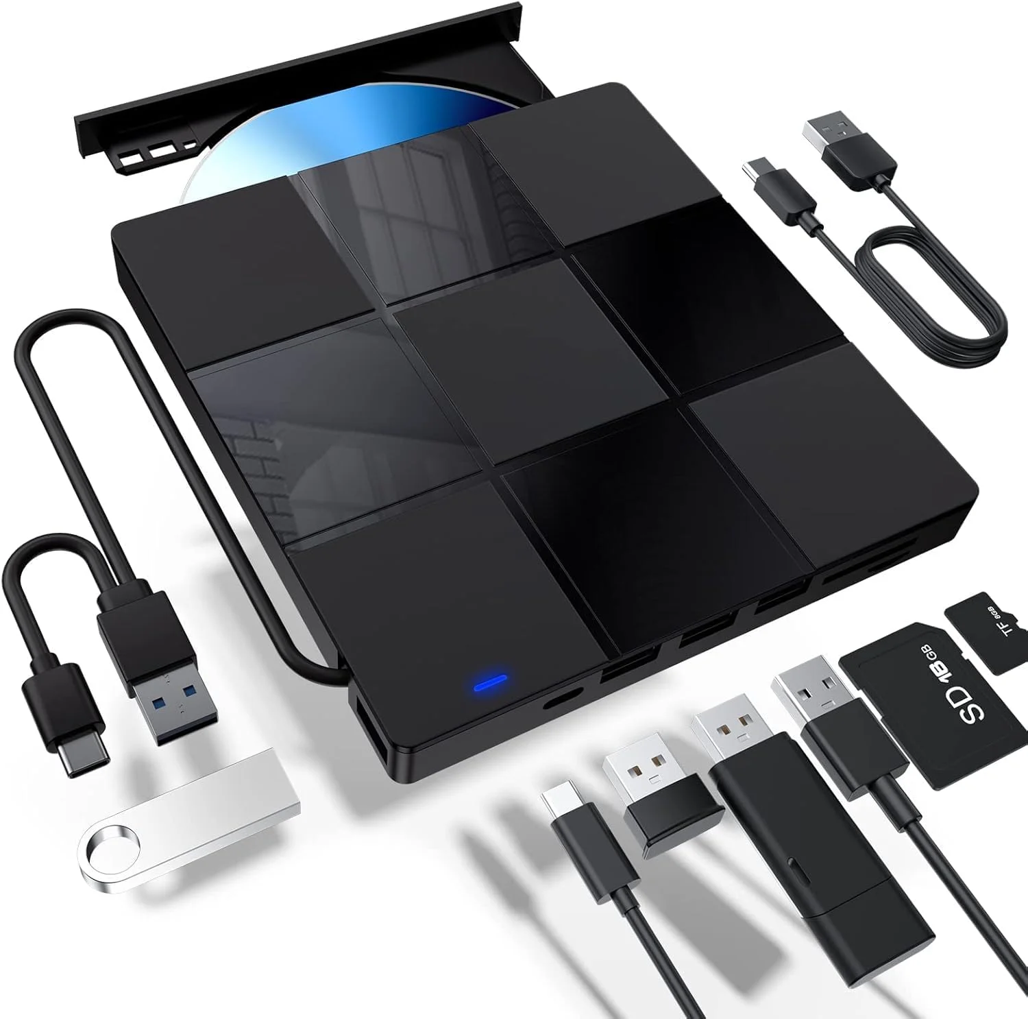 درایو نوری اکسترنال Azonee برای لپ تاپ، پخش کننده DVD قابل حمل USB 7 در 1 با اسلات کارت SD/TF، باریک و سازگار با Mac/Windows/Linux، برای کامپیوتر و نوت بوک