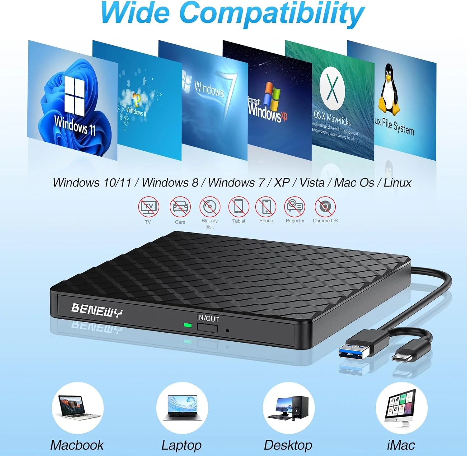 درایو نوری اکسترنال BENEWY CD/DVD برای لپ تاپ، USB 3.0 CD DVD +/-RW رایتر پلیر، درایو نوری اکسترنال CD ROM خواننده رایتر سازگار با لپ تاپ PC مک مک بوک ویندوز 11/10/8.1/7 لینوکس