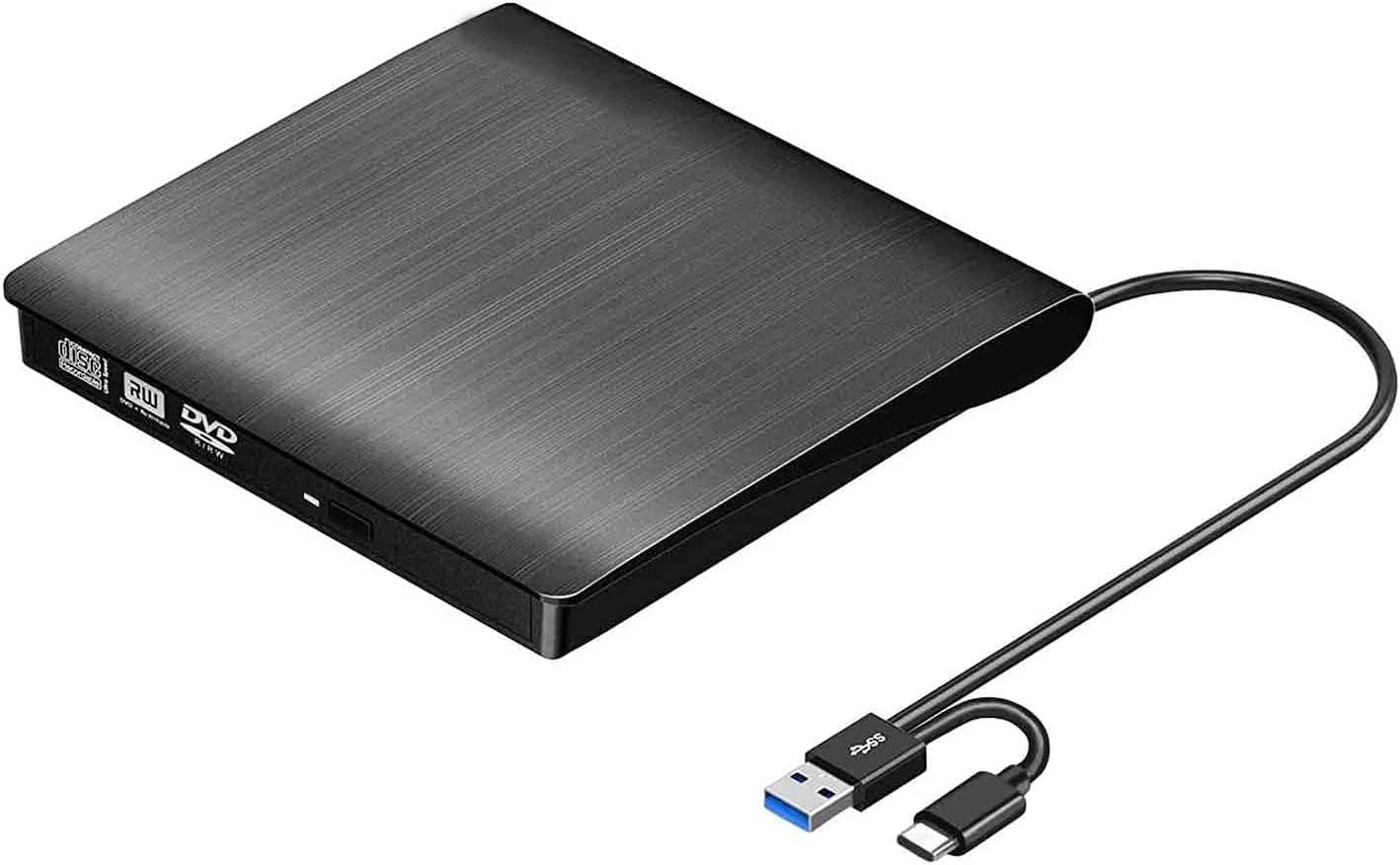 درایو نوری اکسترنال CD/DVD-RW باریک و قابل حمل با سرعت بالا USB و Type C 3.0 برای لپ تاپ، کامپیوتر شخصی و مک بوک پرو (مشکی) (DVD Writer اکسترنال)