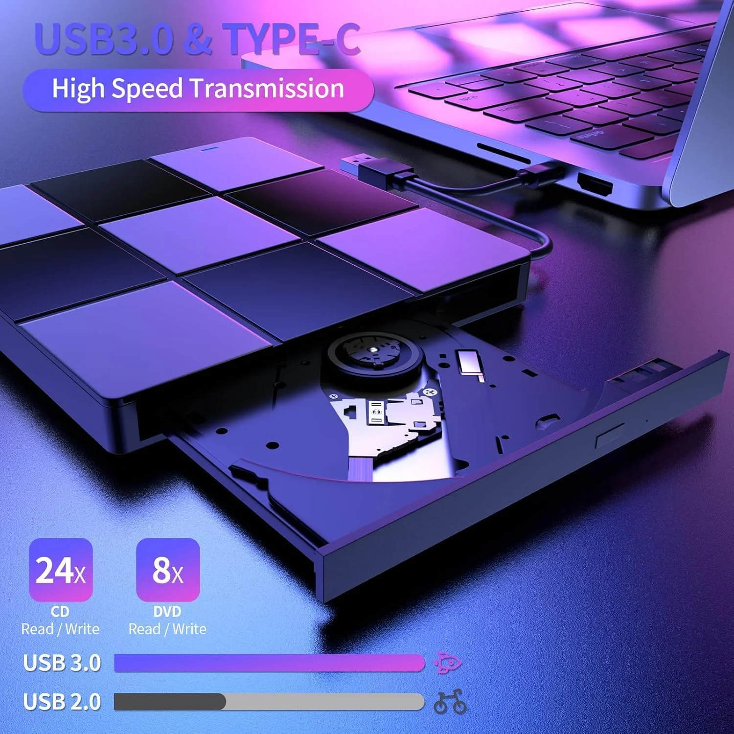 درایو نوری اکسترنال Azonee برای لپ تاپ، پخش کننده DVD قابل حمل USB 7 در 1 با اسلات کارت SD/TF، باریک و سازگار با Mac/Windows/Linux، برای کامپیوتر و نوت بوک