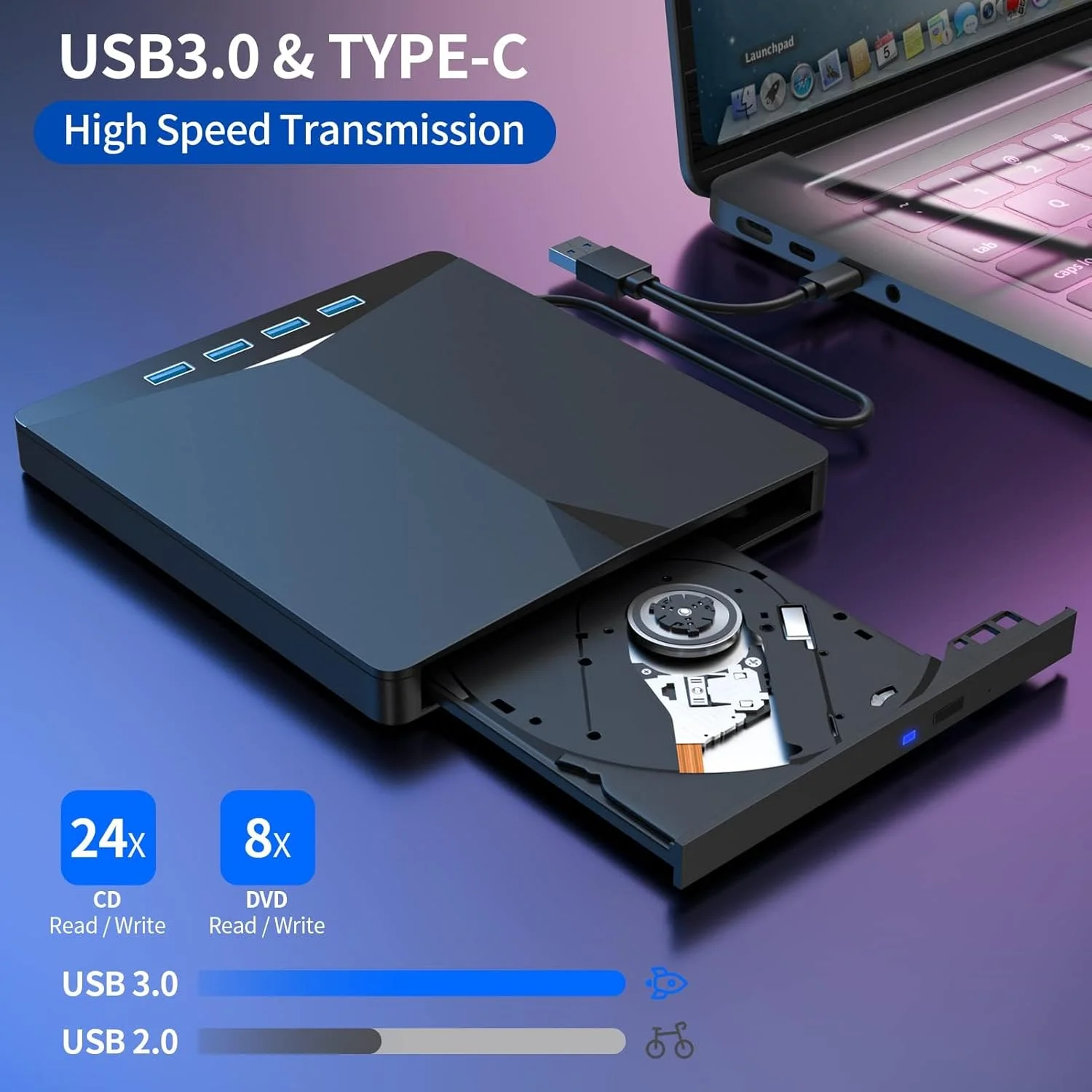 درایو نوری اکسترنال Azonee برای لپ تاپ، پخش کننده DVD با پورت USB 3.0، رایتر CD/DVD قابل حمل، سازگار با سیستم عامل مک، لپ تاپ، کامپیوتر رومیزی، ویندوز 11/10/8/7، لینوکس