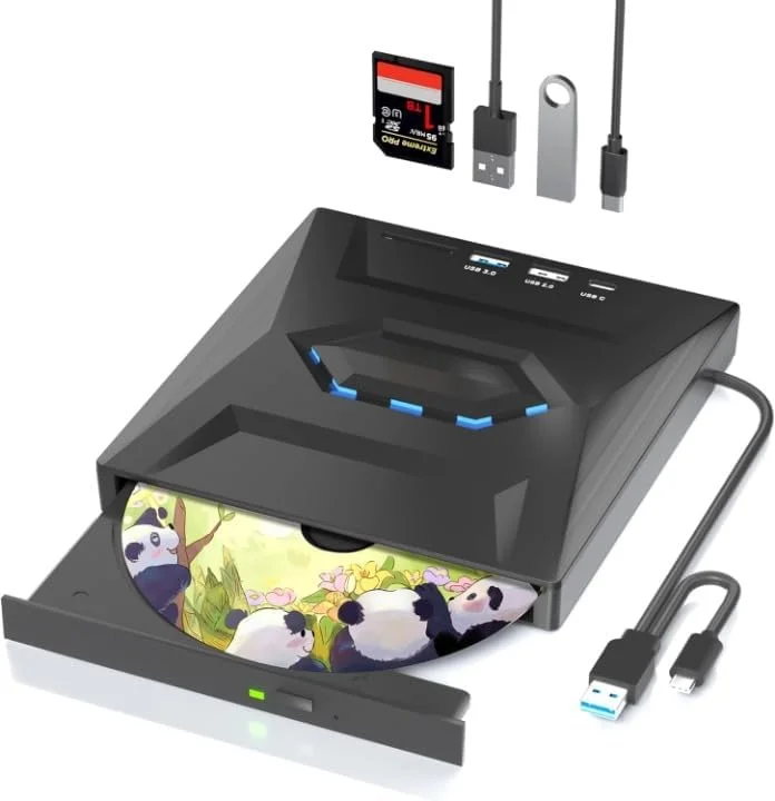 درایو نوری اکسترنال CD DVD برای لپ تاپ، Type-C USB 3.0 قابل حمل CD Burner Writer با اسلات SD و پورت های USB DVD 8X CD 24X سرعت فوق العاده سریع CD/DVD Reader برای ویندوز/مک OS/لینوکس/ویستا