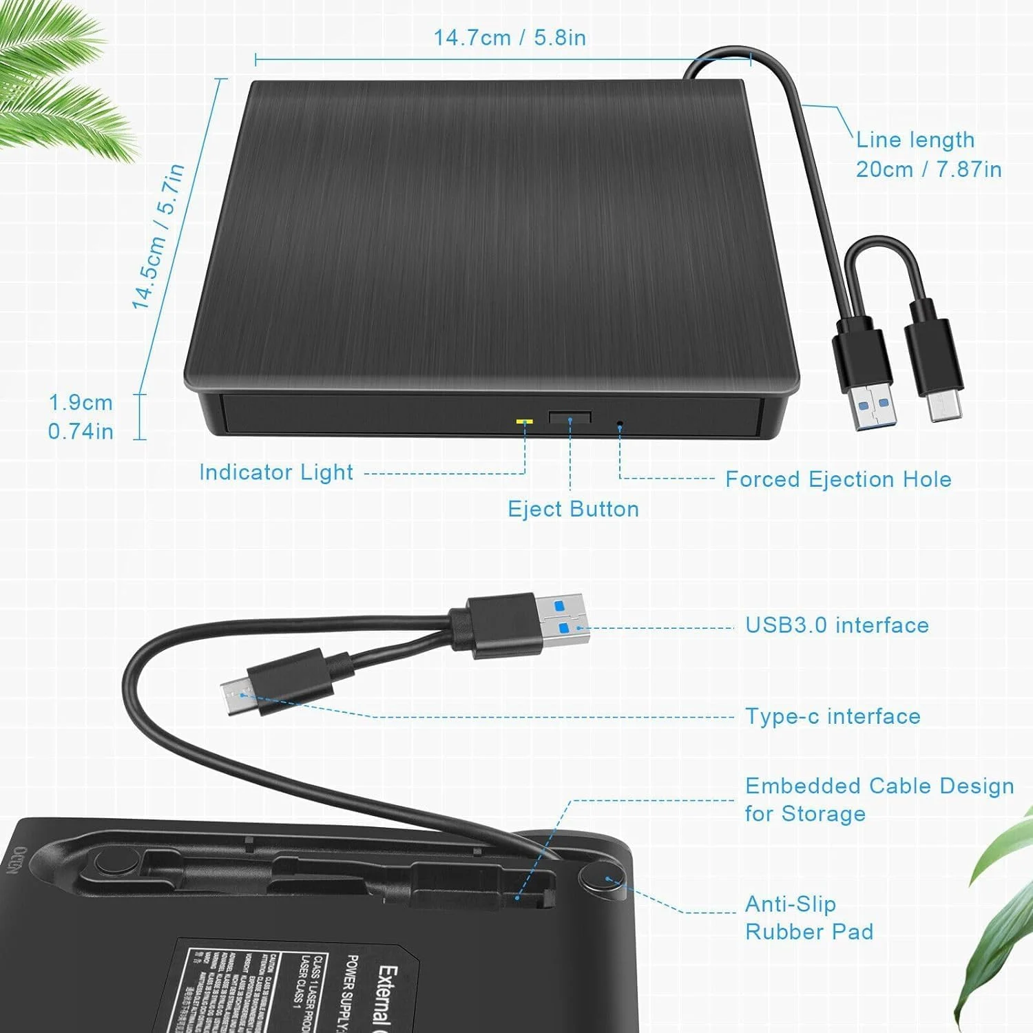 درایو DVD اکسترنال، USB 3.0 Type-C CD DVD/RW درایو نوری USB C رایتر باریک CD/DVD ROM رایتر ریدر قابل حمل برای کامپیوتر لپ تاپ دسکتاپ ویندوز 7/8.1/10 لینوکس OS مشکی