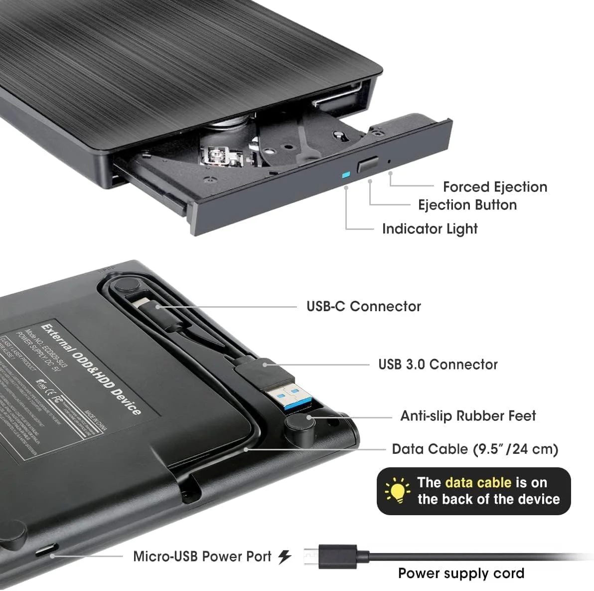 درایو نوری اکسترنال USB 3.0 برای لپ تاپ، پخش کننده CD/DVD قابل حمل، رایتر و ریدر CD/DVD +/-RW، سازگار با لپ تاپ، کامپیوتر رومیزی، ویندوز و مک بوک