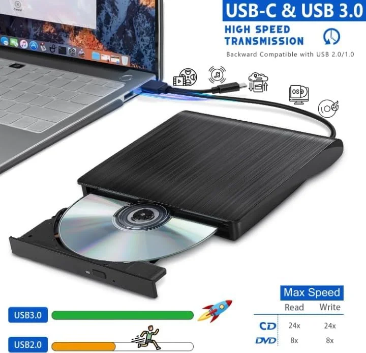 درایو DVD اکسترنال، درایو CD/DVD+/-RW قابل حمل USB 3.0 Type-C / پخش کننده DVD برای لپ تاپ، رایت کننده CD سازگار با کامپیوتر رومیزی لپ تاپ ویندوز لینوکس سیستم عامل A-pple Mac