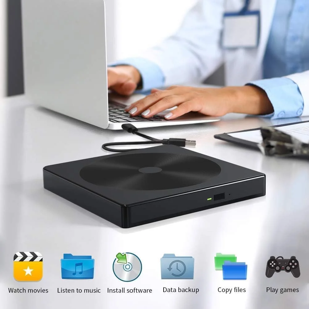 درایو CD/DVD، ضبط کننده DVD اکسترنال، پخش کننده DVD-R، ضبط کننده CD، سازگار با USB 3.0 و Type-C، کابل داخلی، پشتیبانی از ویندوز، لینوکس، مک OS، خواندن و نوشتن، کالیبراسیون خطا و غیره