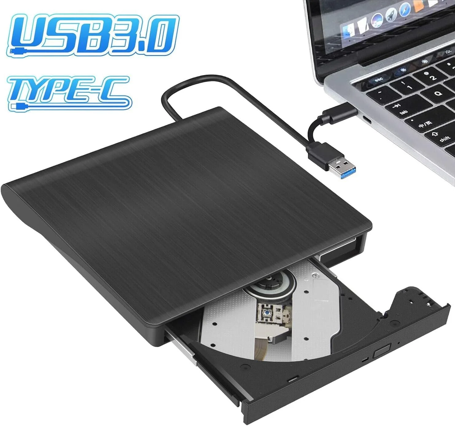 درایو DVD اکسترنال، USB 3.0 Type-C CD DVD/RW درایو نوری USB C رایتر باریک CD/DVD ROM رایتر ریدر قابل حمل برای کامپیوتر لپ تاپ دسکتاپ ویندوز 7/8.1/10 لینوکس OS مشکی