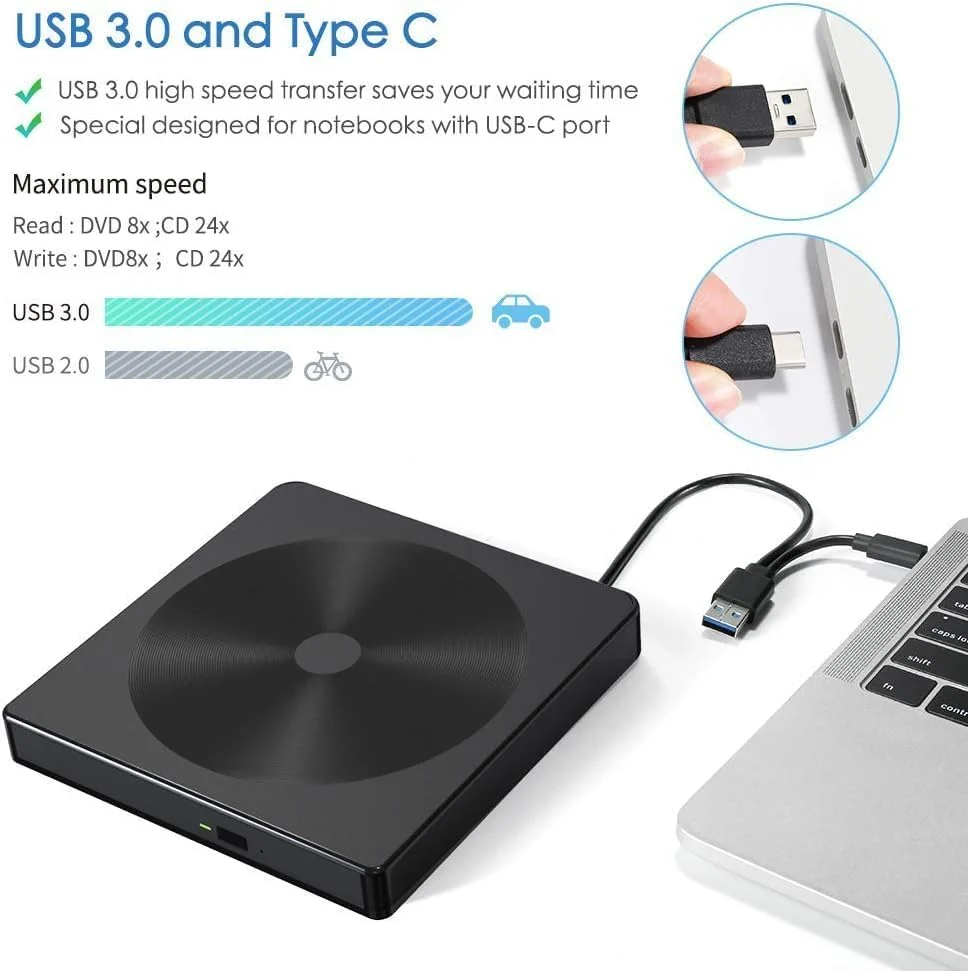 درایو CD/DVD، ضبط کننده DVD اکسترنال، پخش کننده DVD-R، ضبط کننده CD، سازگار با USB 3.0 و Type-C، کابل داخلی، پشتیبانی از ویندوز، لینوکس، مک OS، خواندن و نوشتن، کالیبراسیون خطا و غیره