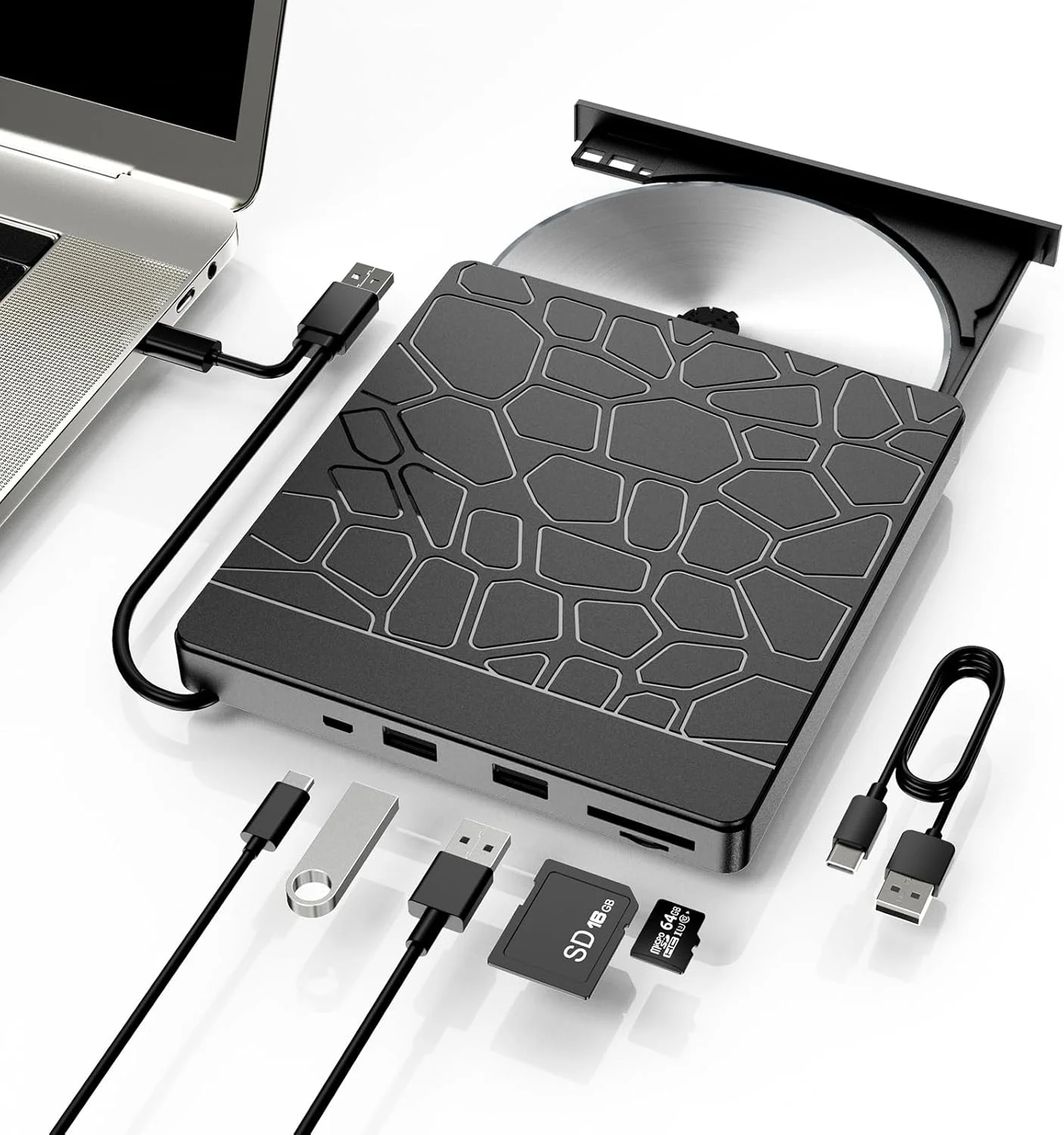 درایو بلوری اکسترنال برای لپ تاپ - درایو نوری قابل حمل 5 در 1 USB 3.0 BD، درایو DVD/CD با دو پورت USB-A و اسلات های SD/TF - پخش کننده بلوری برای کامپیوتر، سازگار با سیستم عامل ویندوز/مک/لینوکس (5 در 1)