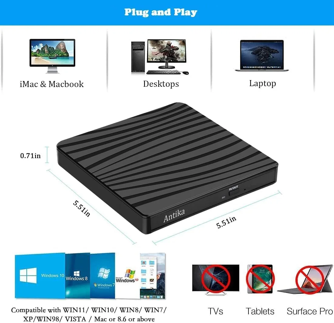دستگاه رایتر DVD/CD+/-RW آنتیکا، درایو اکسترنال USB 3.0، دستگاه کارت خوان فوق العاده نازک و قابل حمل سازگار با مک/OS/XP/Vista/Win11/Win10/Win8 (TypeCback)