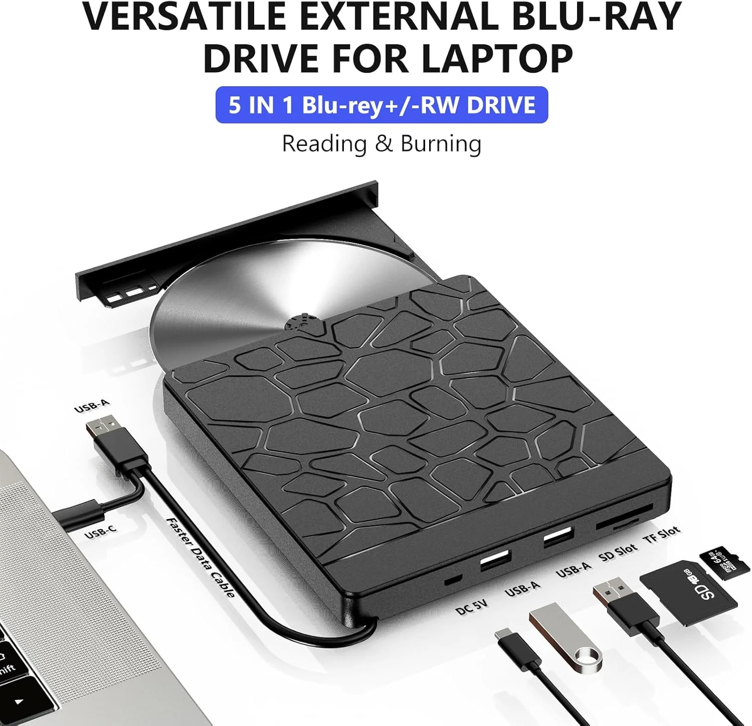 درایو بلوری اکسترنال برای لپ تاپ - درایو نوری قابل حمل 5 در 1 USB 3.0 BD، درایو DVD/CD با دو پورت USB-A و اسلات های SD/TF - پخش کننده بلوری برای کامپیوتر، سازگار با سیستم عامل ویندوز/مک/لینوکس (5 در 1)