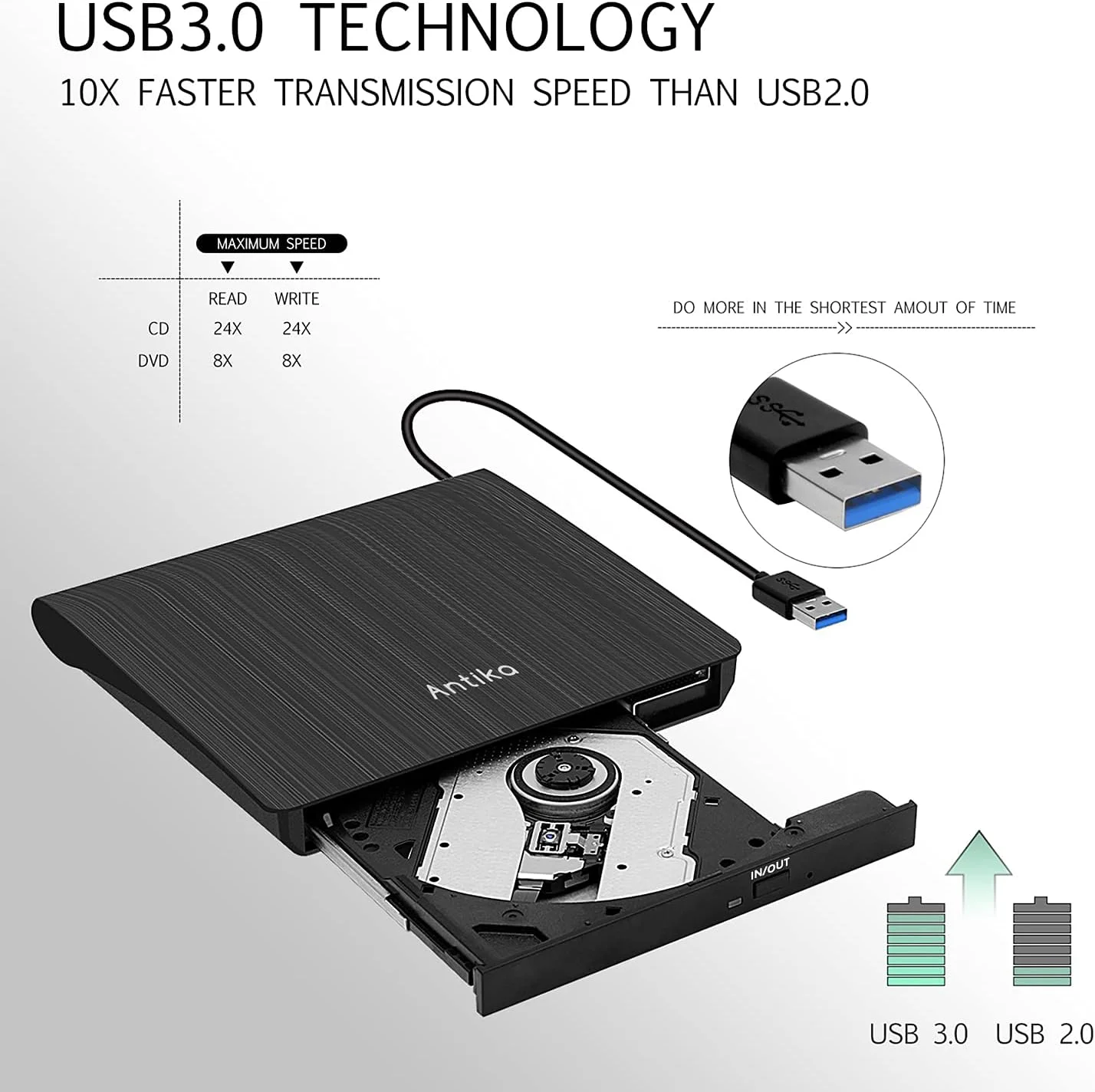 دی وی دی رایتر اکسترنال USB 3.0 آنتیکا، طراحی فوق العاده باریک و قابل حمل، دی وی دی/سی دی خوان با قابلیت تصحیح خطا، سازگار با WIN98/XP/WIN7/WIN8/WIN10/XP/Mac OS 8.6