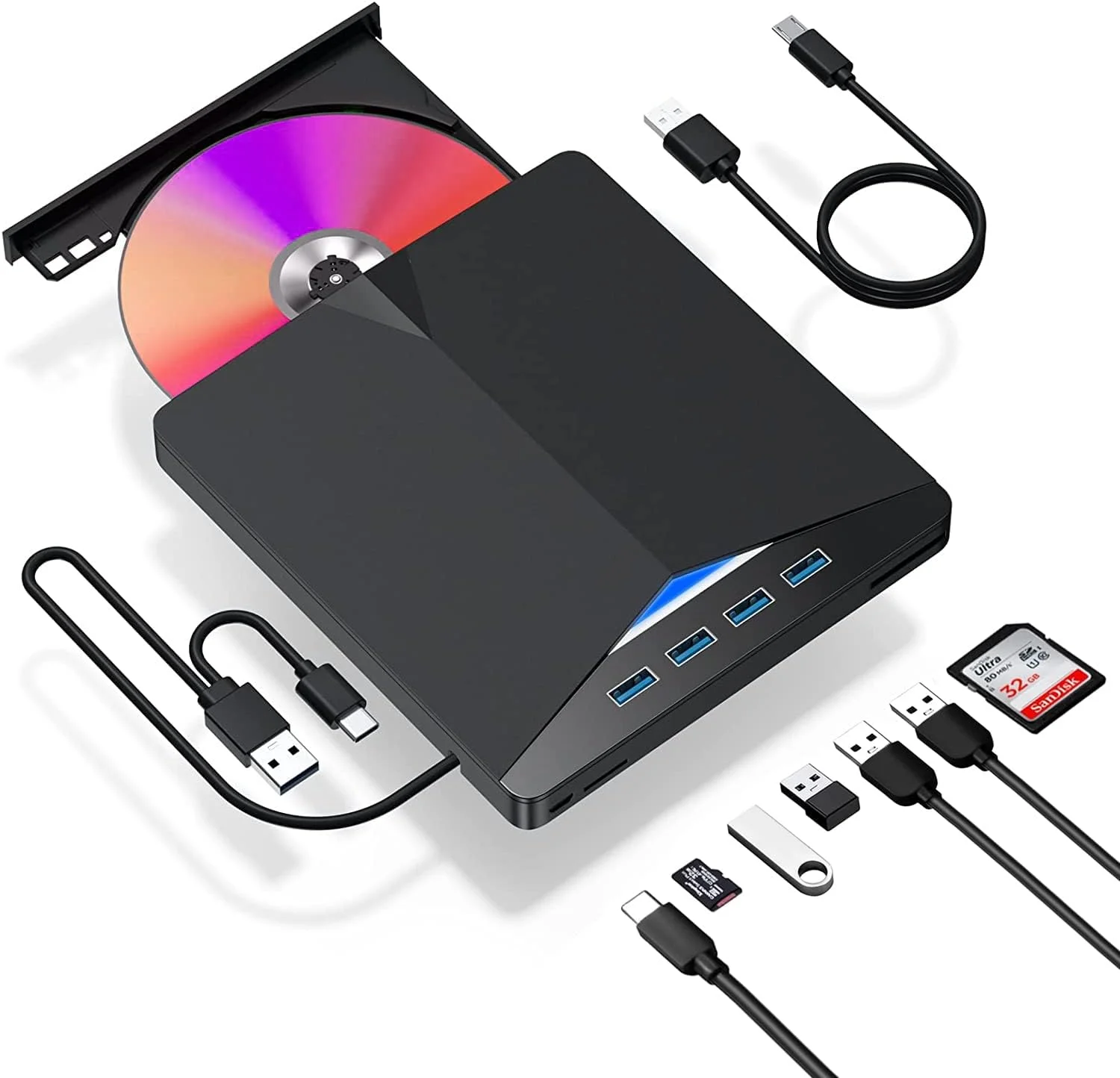 درایو نوری اکسترنال Angju، پخش کننده DVD 7 در 1 USB 3.0، رایتر قابل حمل CD/DVD، درایو CD ROM سازگار با لپ تاپ، کامپیوتر، ویندوز 11/10/8/7، لینوکس، مک OS