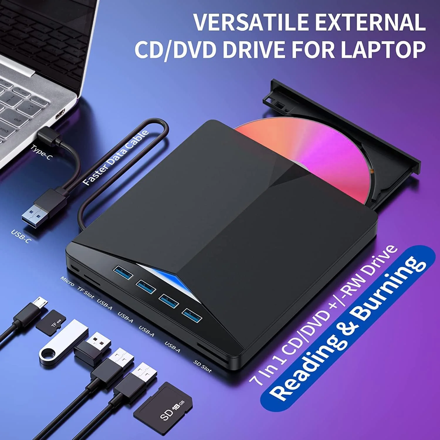 درایو نوری اکسترنال Angju، پخش کننده DVD 7 در 1 USB 3.0، رایتر قابل حمل CD/DVD، درایو CD ROM سازگار با لپ تاپ، کامپیوتر، ویندوز 11/10/8/7، لینوکس، مک OS