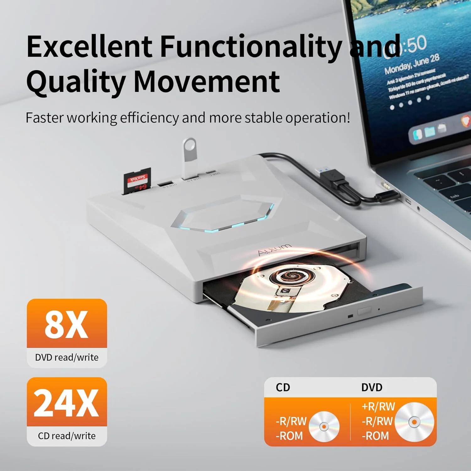 درایو نوری اکسترنال سفید رنگ Alxum برای لپ تاپ