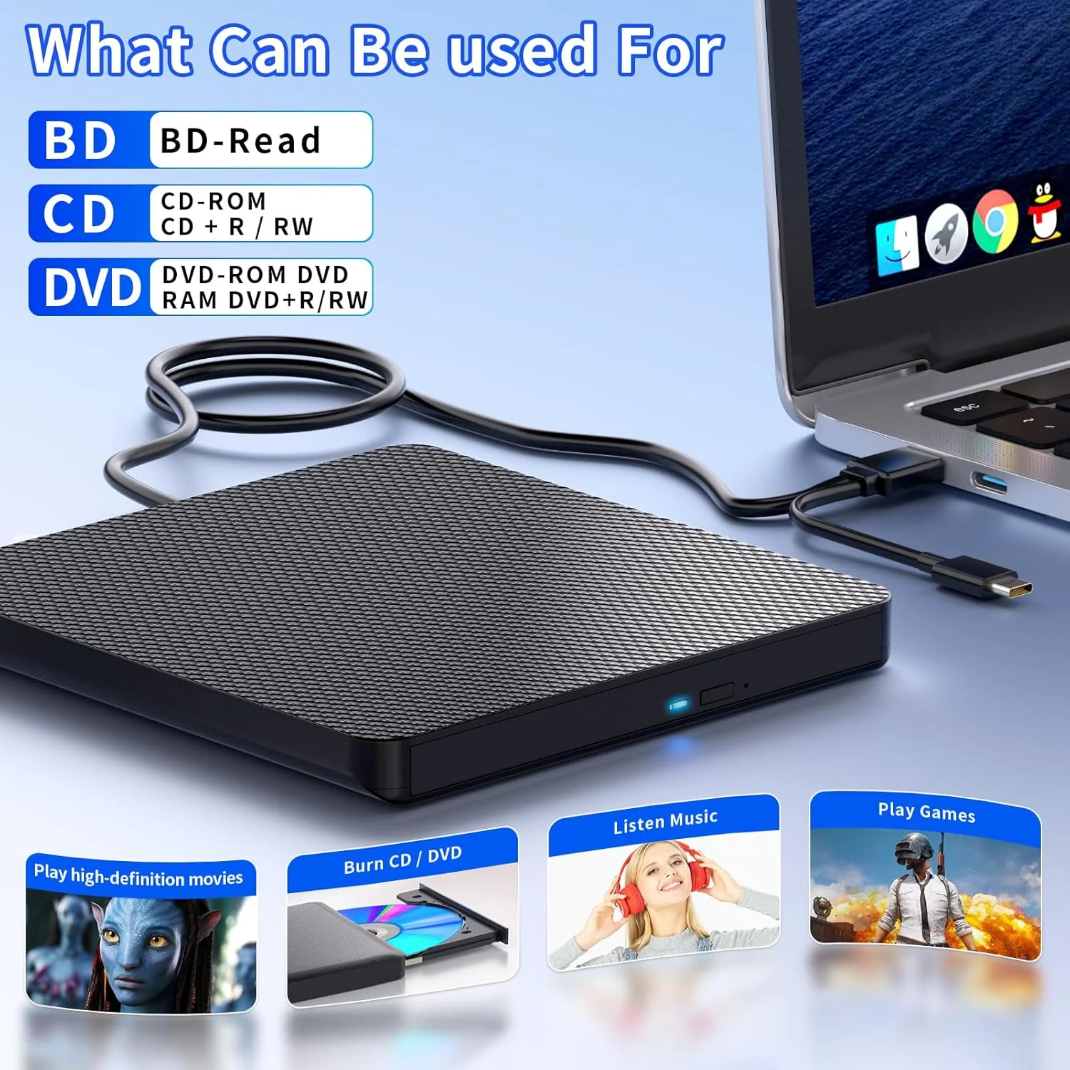 درایو بلوری اکسترنال، پخش کننده/رایتر بلوری سازگار، با USB 3.0 و Type-C DVD Burner سازگار با کامپیوتر، ویندوز 7-11 و مک، (مشکی) درایو بلوری اکسترنال، پخش کننده/رایتر بلوری سازگار، با USB 3.0 و Type-C DVD Burner سازگار با کامپیوتر، ویندوز 7-11 و مک، (مشکی)