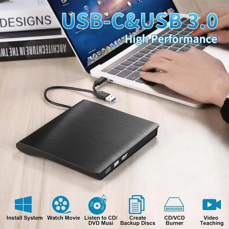 درایو نوری DVD اکسترنال USB3.0 رایتر USB-C اکسترنال CD/DVD cd-r/cd-ROM برای لپ تاپ/کامپیوتر/مک بوک MAC/ویندوز 10/8/7 و MAC OS