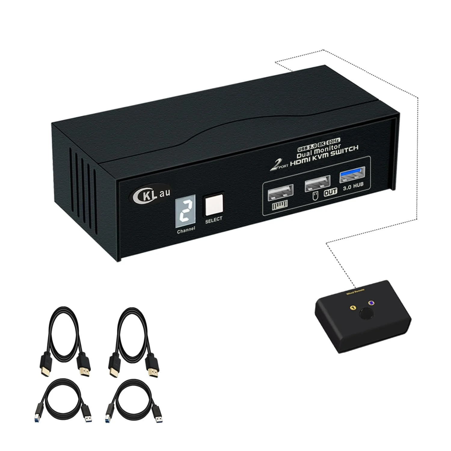 سوئیچ KVM دو مانیتوره CKLau 8K60Hz 4K144Hz، سوئیچ KVM دو پورت USB 3.0 HDMI 2 مانیتوره به همراه کابل، نمایشگر دیجیتال برای به اشتراک گذاری کیبورد، ماوس و دستگاه های جانبی توسط 2 کامپیوتر