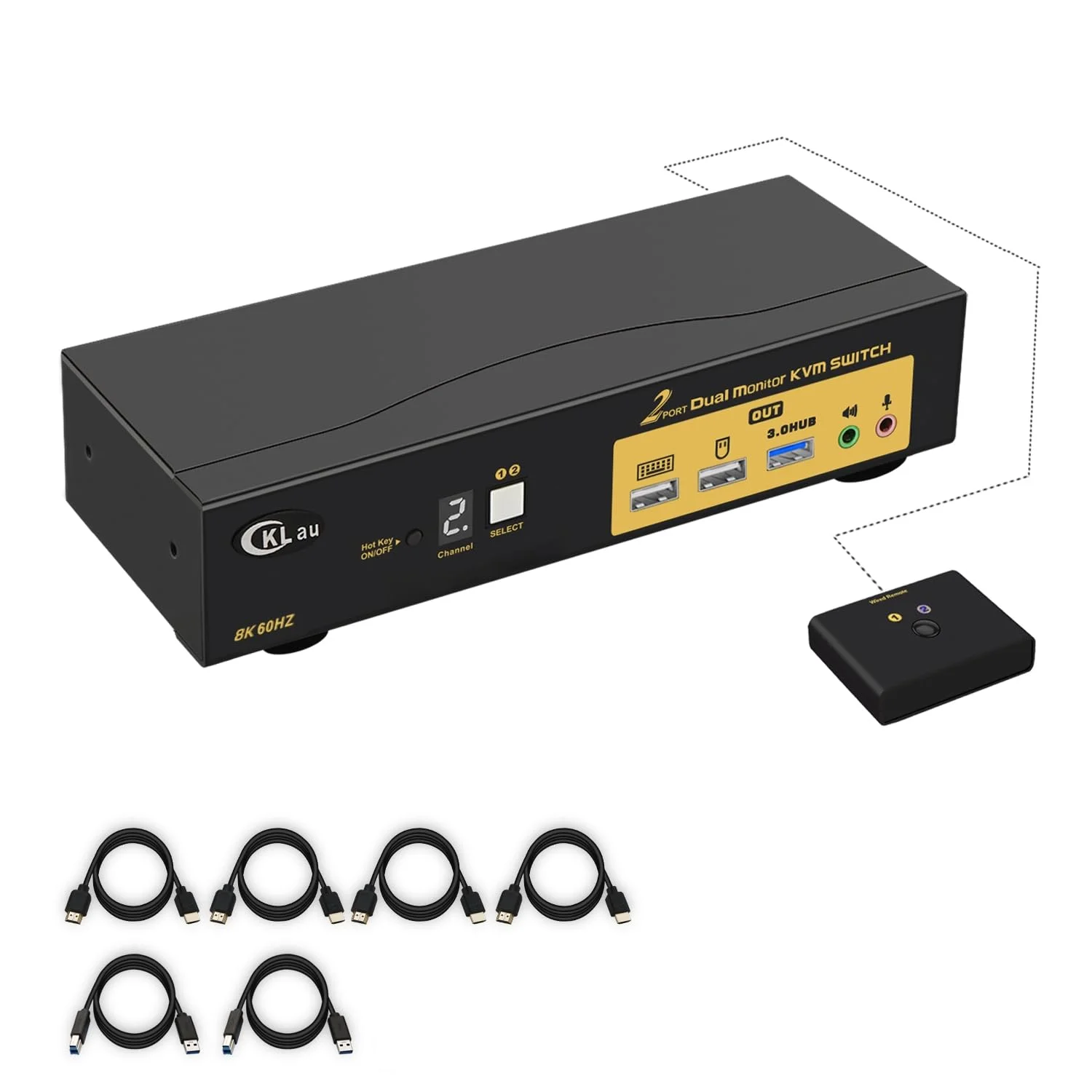 سوئیچ KVM دو پورت HDMI CKLau با پشتیبانی از دو مانیتور 8K@60Hz و 4K@144Hz به همراه کابل، پشتیبانی از شبیه سازی EDID، سوئیچینگ با کلیدهای میانبر، خروجی صدای دیجیتال فیبر نوری 5.1 و صدای فراگیر 7.1