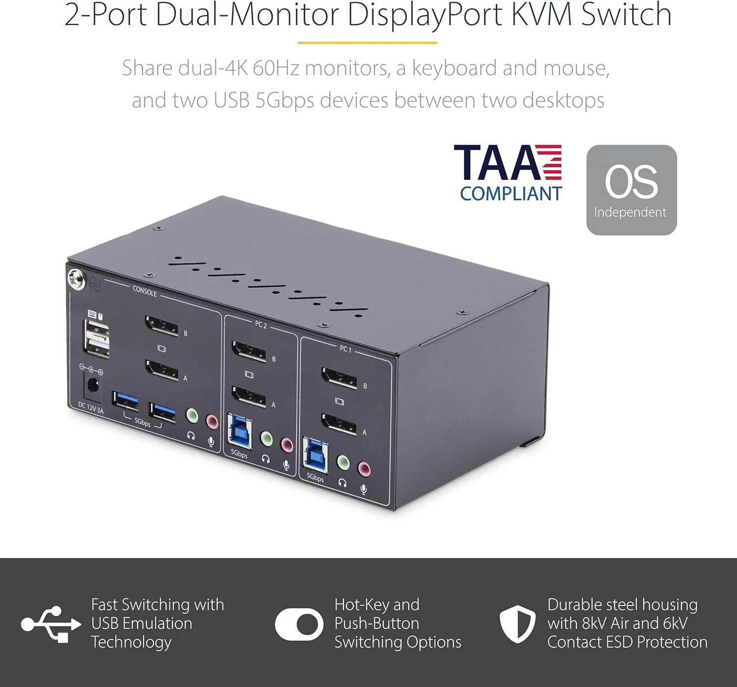 سوئیچ KVM دو پورت DisplayPort با پشتیبانی از دو مانیتور، 4K 60Hz، دارای 2 پورت هاب USB 5Gbps، 2 پورت USB 2.0 HID، سوئیچینگ با کلید میانبر و دکمه فشاری