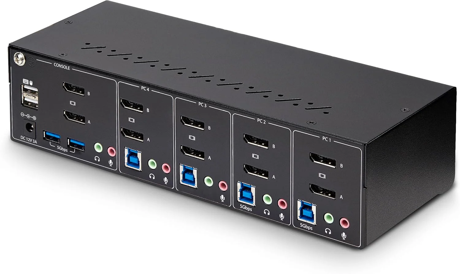 سوئیچ KVM چهار پورت دو مانیتوره DisplayPort استار تک، 4K 60Hz، دارای 2 پورت هاب USB 5Gbps، 2 پورت USB 2.0 HID، سوئیچینگ با کلید میانبر و دکمه فشاری، سازگار با TAA (P4DD46A2-KVM-SWITCH)