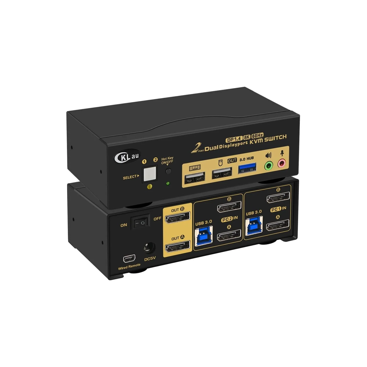 سوئیچ KVM دو پورت USB 3.0 با Displayport 1.4، پشتیبانی از رزولوشن 8K@30Hz و 4K@144Hz به همراه صدا و کابل برای 2 کامپیوتر با قابلیت جابجایی از طریق کلیدهای میانبر