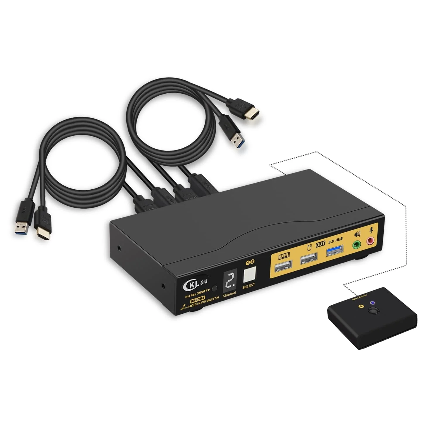 سوئیچ KVM دو پورت USB 3.0 CKLau HDMI 2.1 8K@60Hz 4K@144Hz با خروجی صدا و میکروفون و کابل، پشتیبانی از سوئیچینگ Hotkey، Emulation EDID، HDR، HDCP