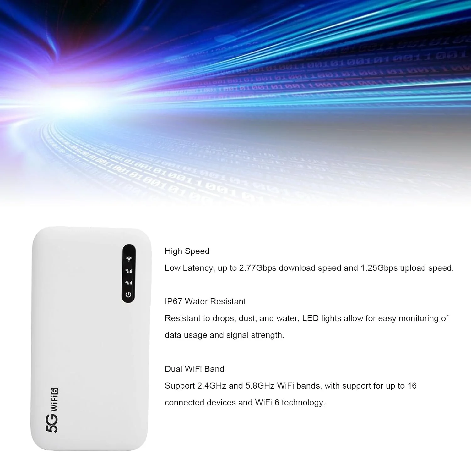 هات اسپات موبایل 5G Wi-Fi، دستگاه Wi-Fi قابل حمل 2.4 گیگاهرتز و 5.8 گیگاهرتز برای مسافرت، پشتیبانی از اسلات سیم کارت و 16 دستگاه، ضد آب IP67، روتر Wi-Fi 6 5G با باتری قابل شارژ 6100 میلی آمپر ساعت