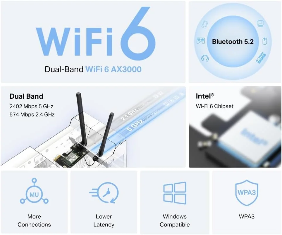 کارت شبکه وای فای 6 MERCUSYS MA80XE TP-Link PCIe AX3000Mbps بلوتوث 5.3 دو بانده (5GHz/2.4GHz)، Intel Wi-Fi 6E، WPA3، MU-MIMO، OFDMA، کارت وای فای PC، هارد درایو، ویندوز 11/10، وای فای 6 AX3000