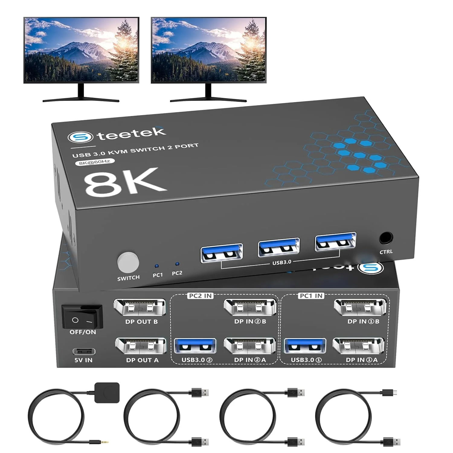 سوئیچ KVM با رزولوشن 8K@60Hz، دو مانیتور، دو کامپیوتر، DisplayPort، سوئیچ های KVM USB3.0، مانیتور دوگانه 4K@120Hz برای 1 مجموعه کیبورد، ماوس، پرینتر و U Disk با EDID Adaptive و 2 کابل USB
