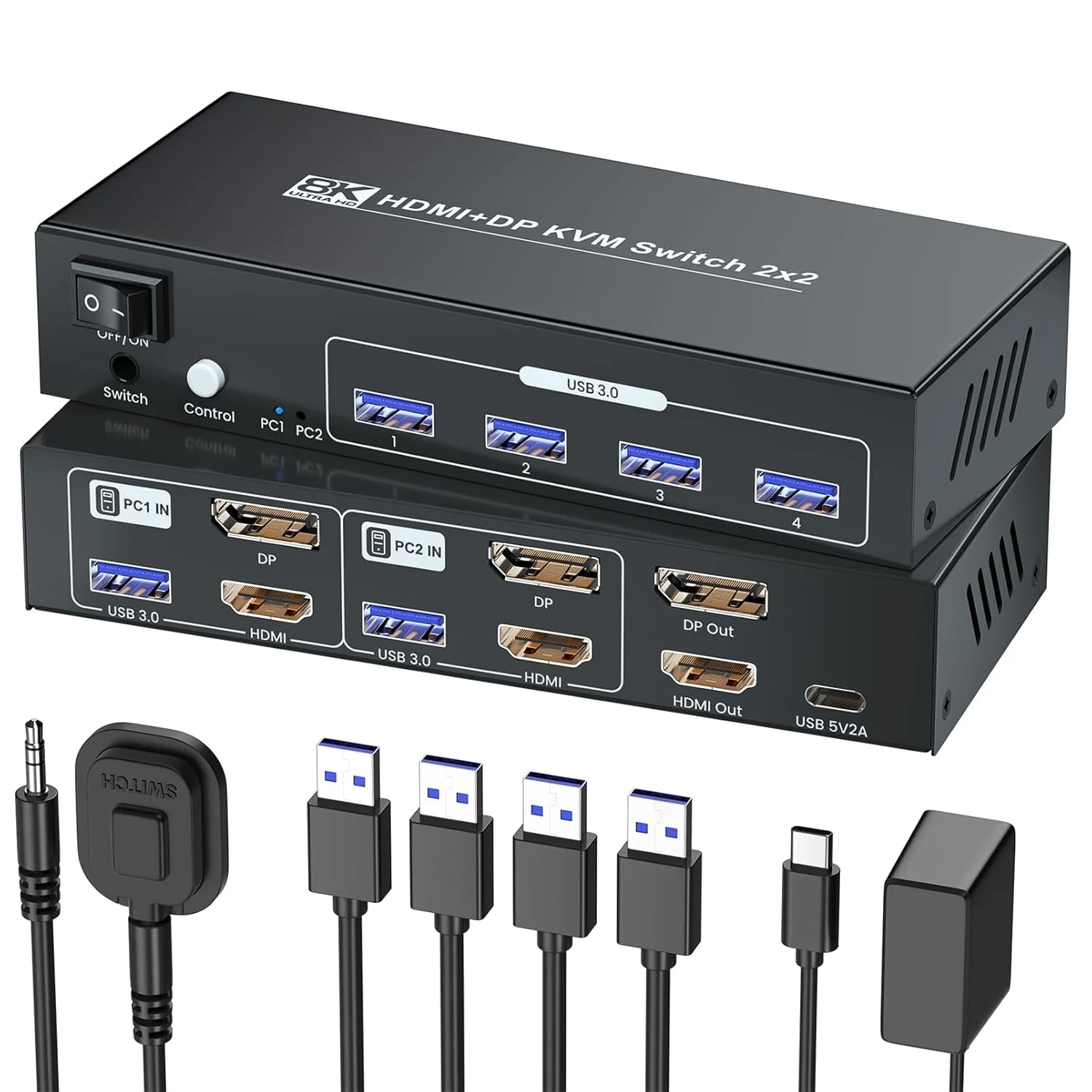 سوئیچ KVM دو مانیتوره HDMI و DisplayPort، دو مانیتور دو کامپیوتر، 8K60Hz 4K120Hz USB 3.0 سوئیچ KVM دوگانه HDMI DP برای مدیریت 2 رایانه شخصی از طریق 1 مجموعه صفحه کلید، ماوس و 2 مانیتور