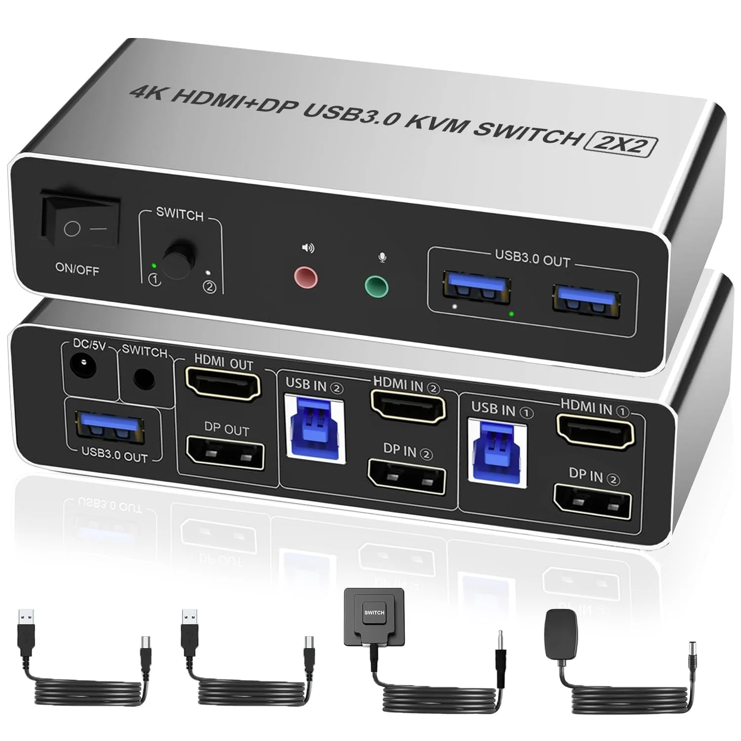 سوئیچ KVM دو مانیتوره HDMI Displayport، ۲ مانیتور ۲ کامپیوتر، 4K 60Hz، USB 3.0، سوئیچ KVM HDMI+DP، ۳ پورت USB، سوئیچ KVM برای اشتراک گذاری کیبورد، ماوس، پرینتر، میکروفون و خروجی صدا بین ۲ کامپیوتر