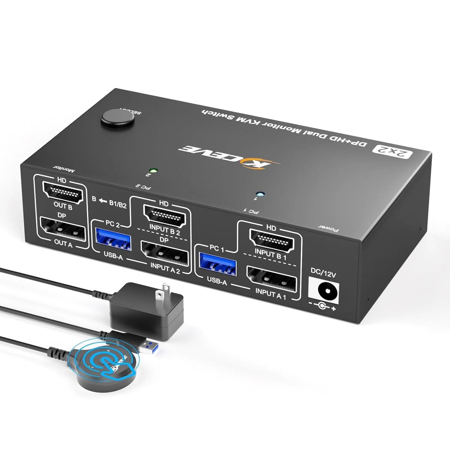 سوئیچ KVM دو مانیتوره HDMI+Displayport با رزولوشن 8K@60Hz برای 2 کامپیوتر، سوئیچ های KVM USB 3.0 دو مانیتوره برای 2 کامپیوتر با قابلیت اشتراک گذاری 2 مانیتور و 4 پورت USB، به همراه ریموت سیمی، آداپتور برق 12 ولت و کابل های USB